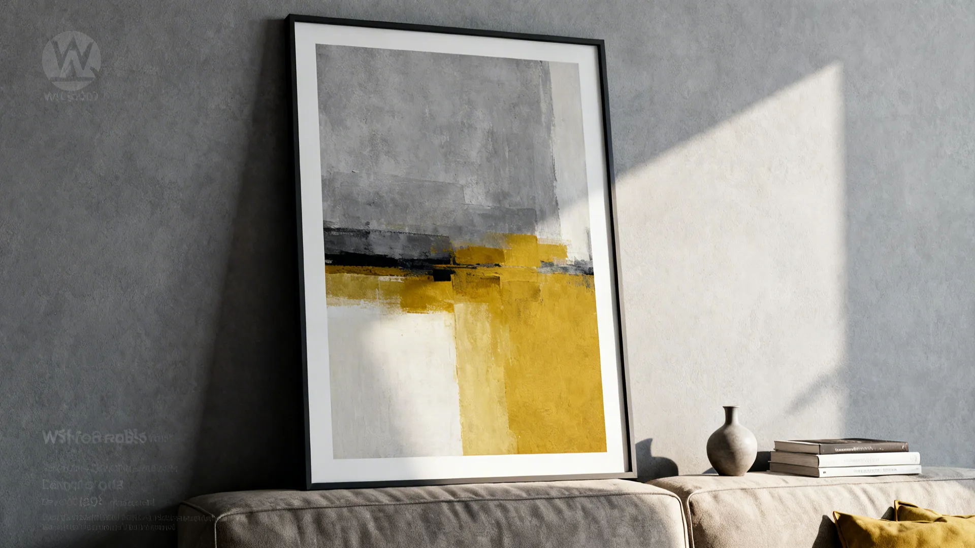 Framed abstract artwork combining grey and mustard yellow tones displayed in a modern living room.