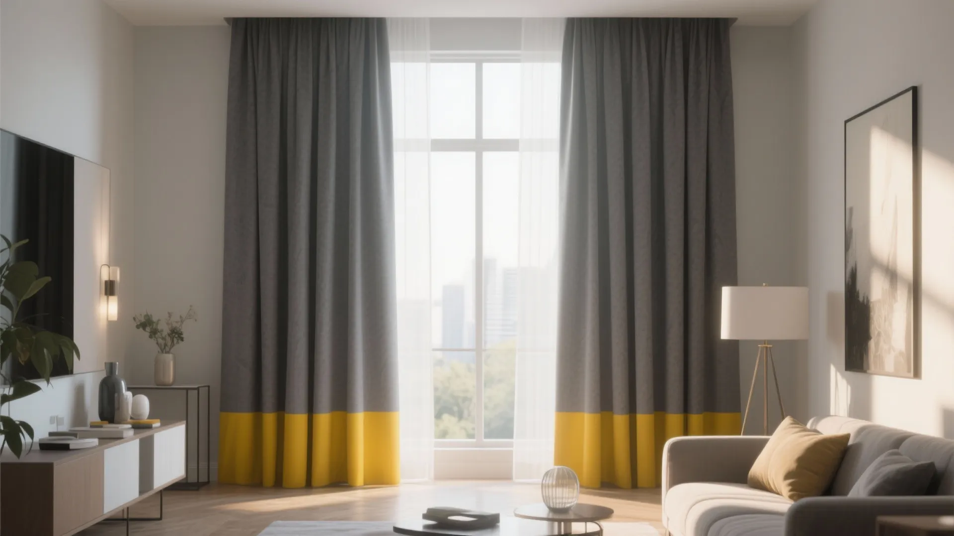 10. Floor-to-Ceiling Curtains in Grey with Yellow Banding