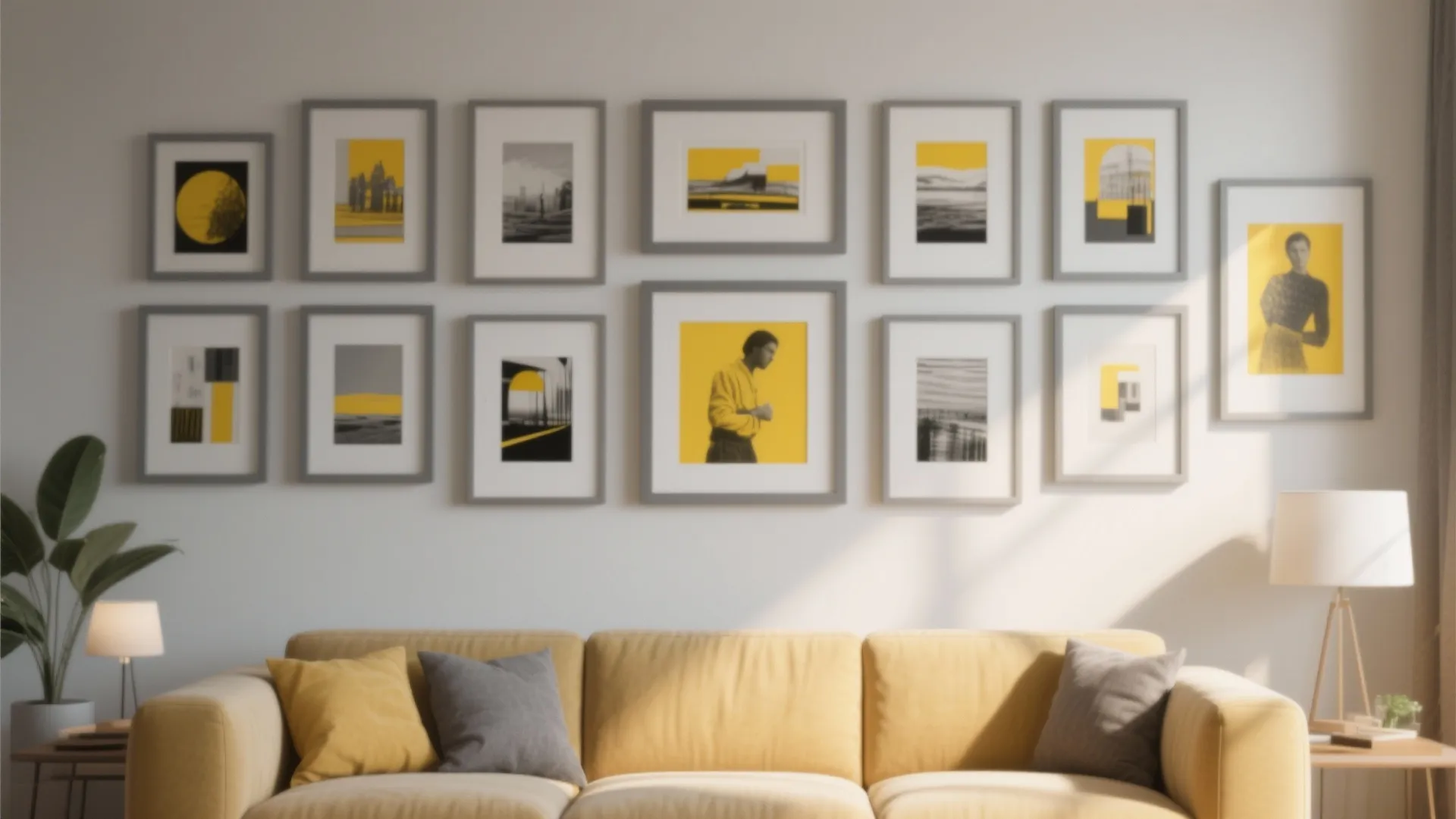 9. Gallery Wall in Grey and Yellow Tones