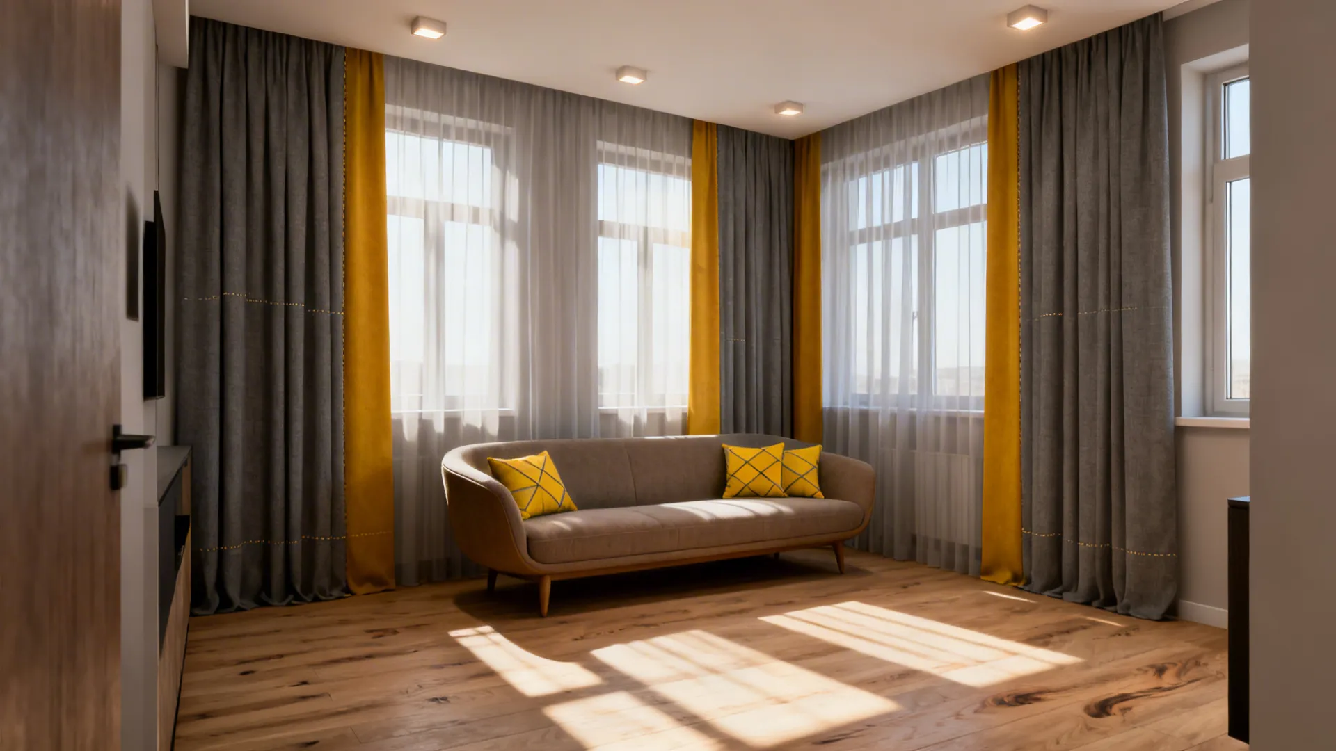 Modern living room with grey sofa yellow pillows grey and yellow curtains plus wooden floor