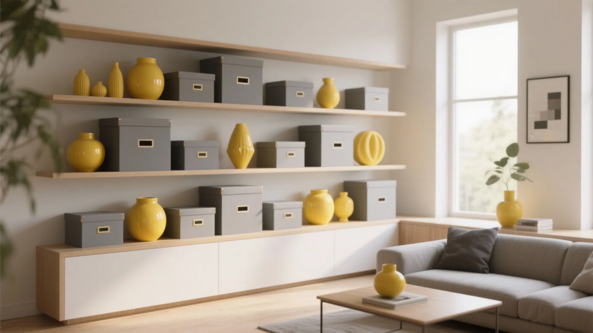 7. Open Shelving with Grey and Yellow Styling