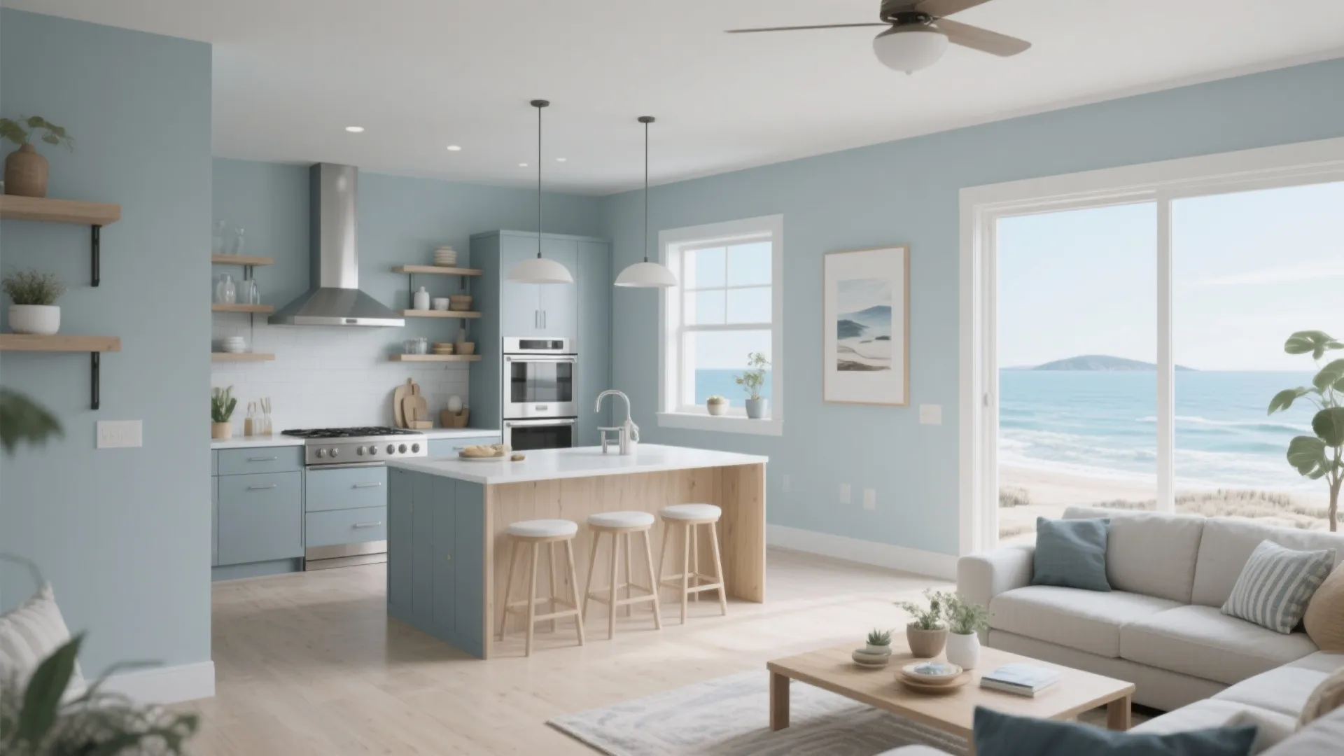 Light blue open plan kitchen and living room with white sofa and ocean view windows