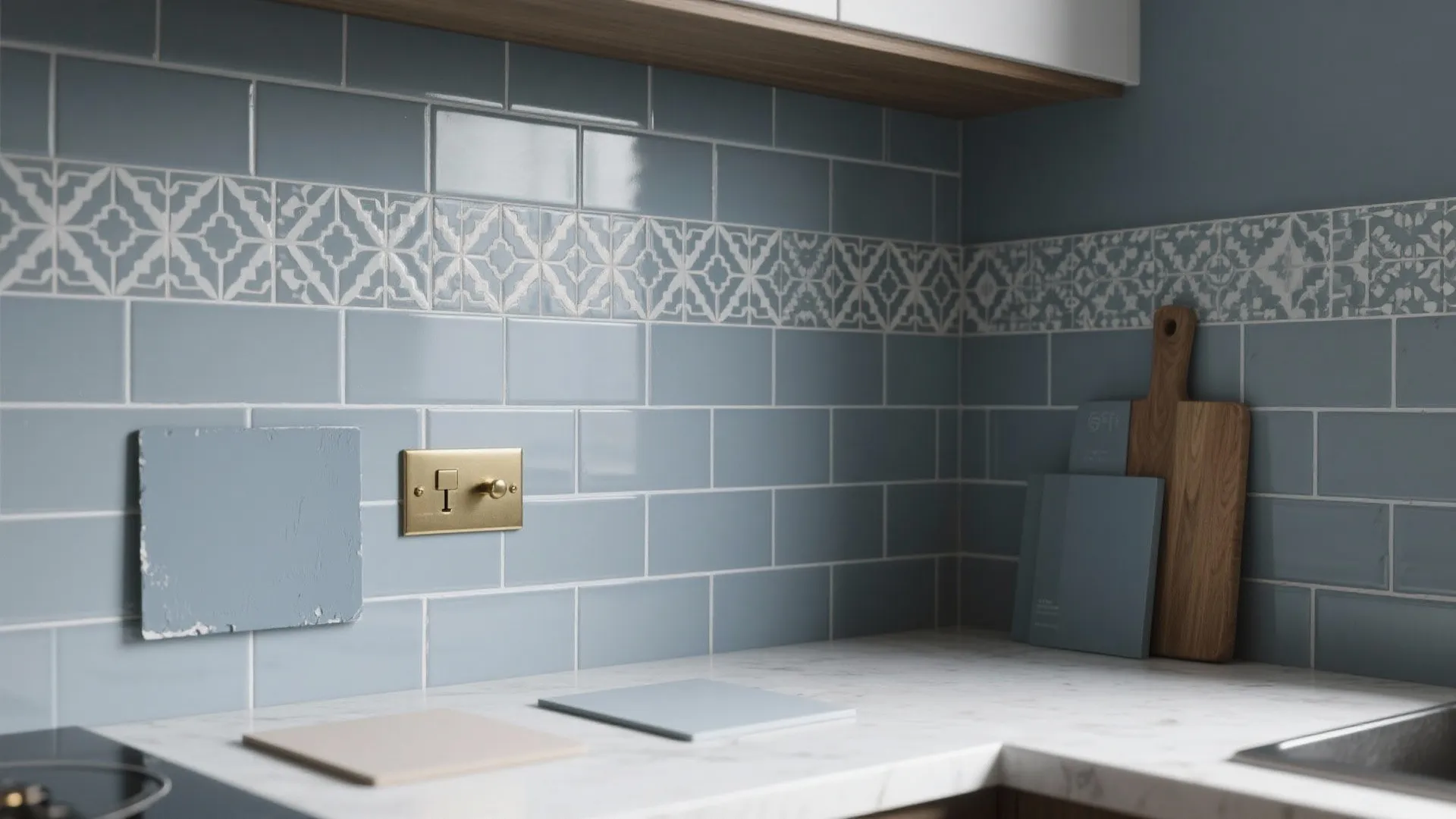 4. Grey-blue tiles as a backsplash focal point
