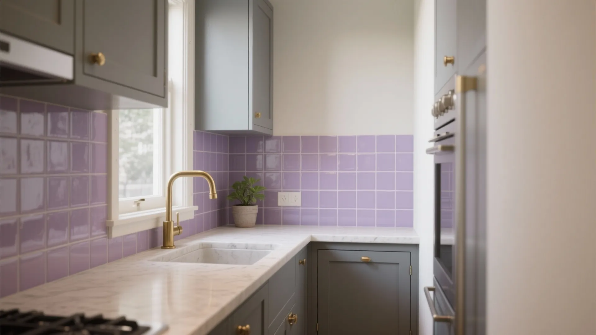 Grey kitchen cabinets with purple wall tiles gold water tap white marble countertop and green plant