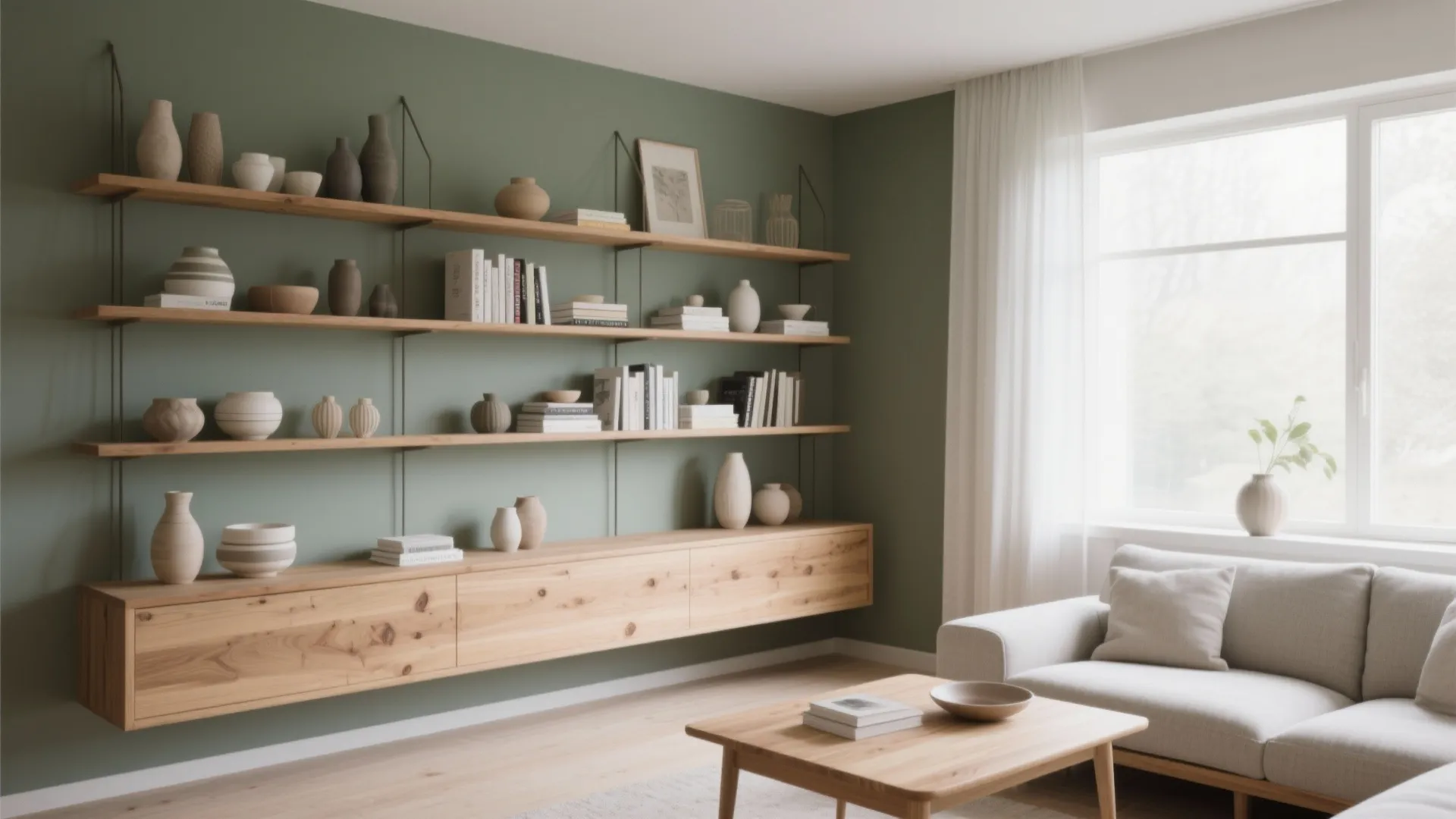 6. Grey Green with Natural Wood