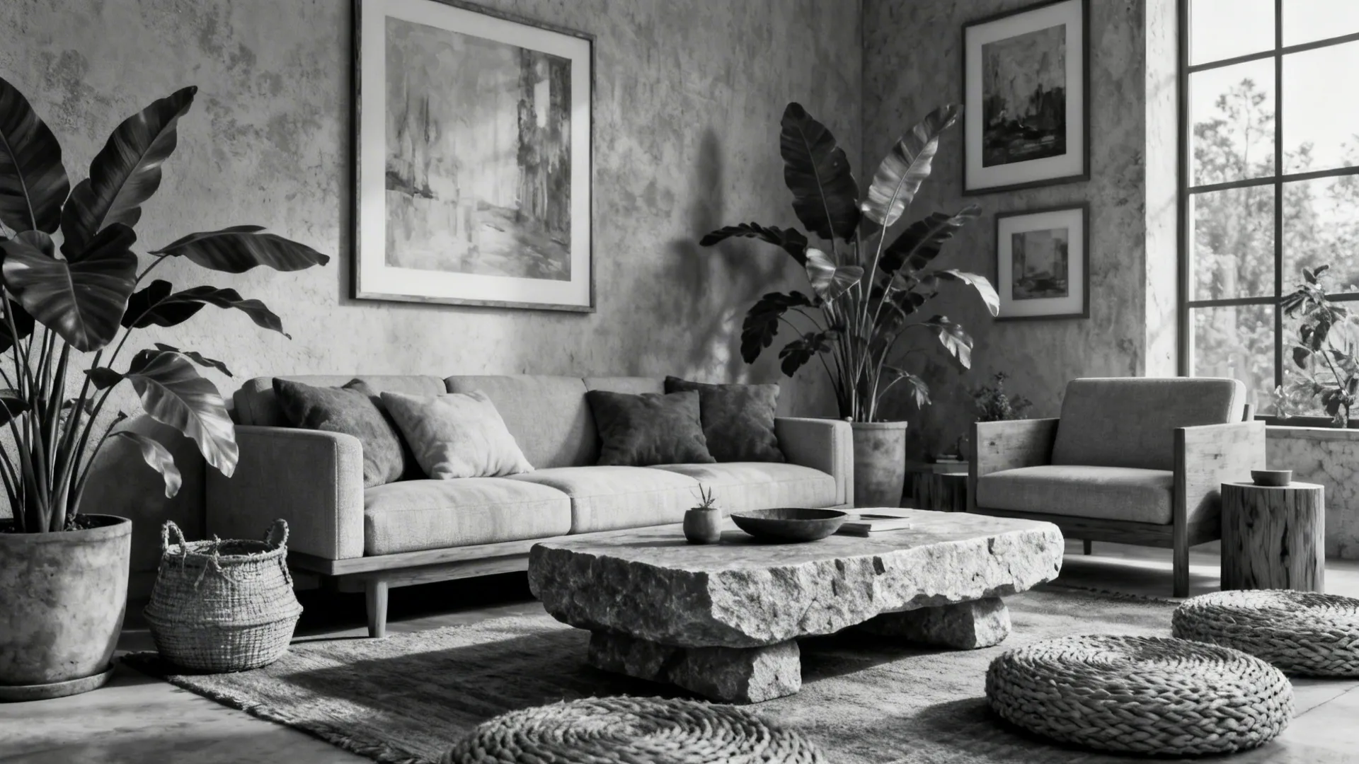 Black and white living room featuring a stone coffee table large plants and a grey sofa