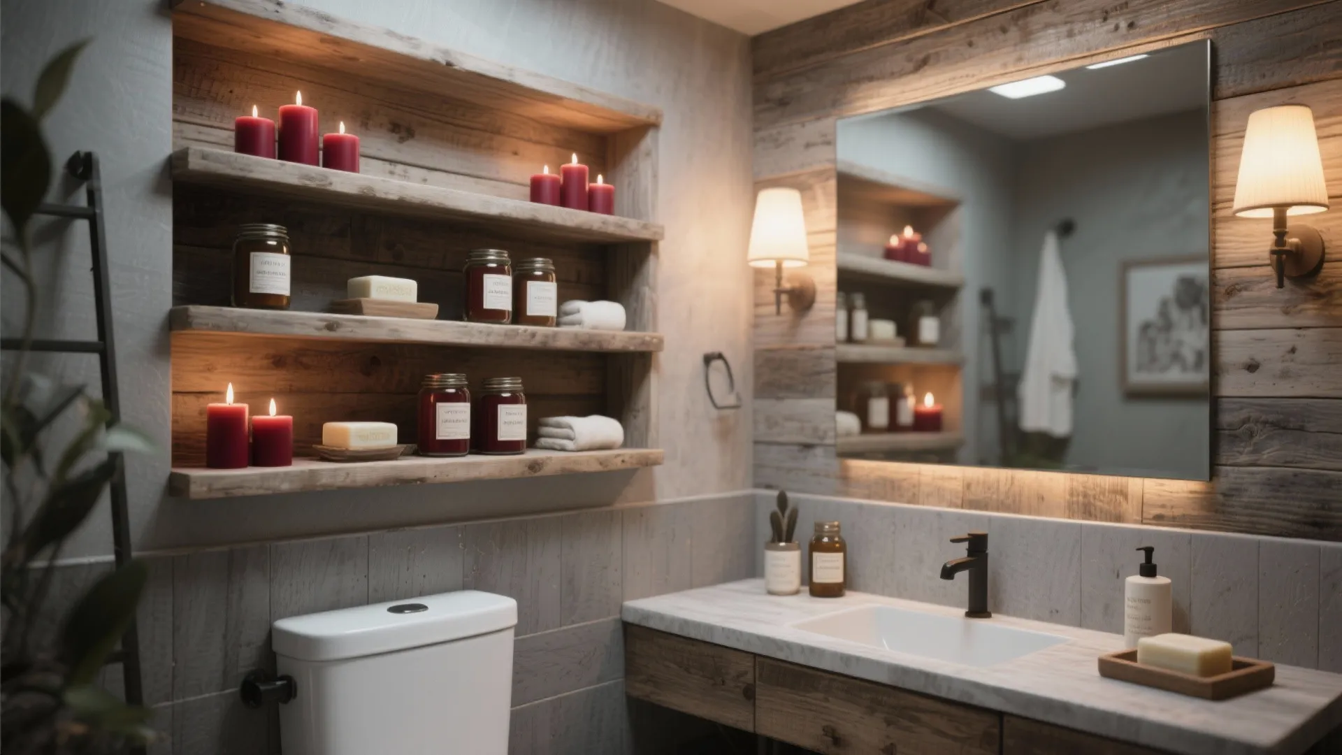 7. Grey-Washed Wood with Burgundy Decor