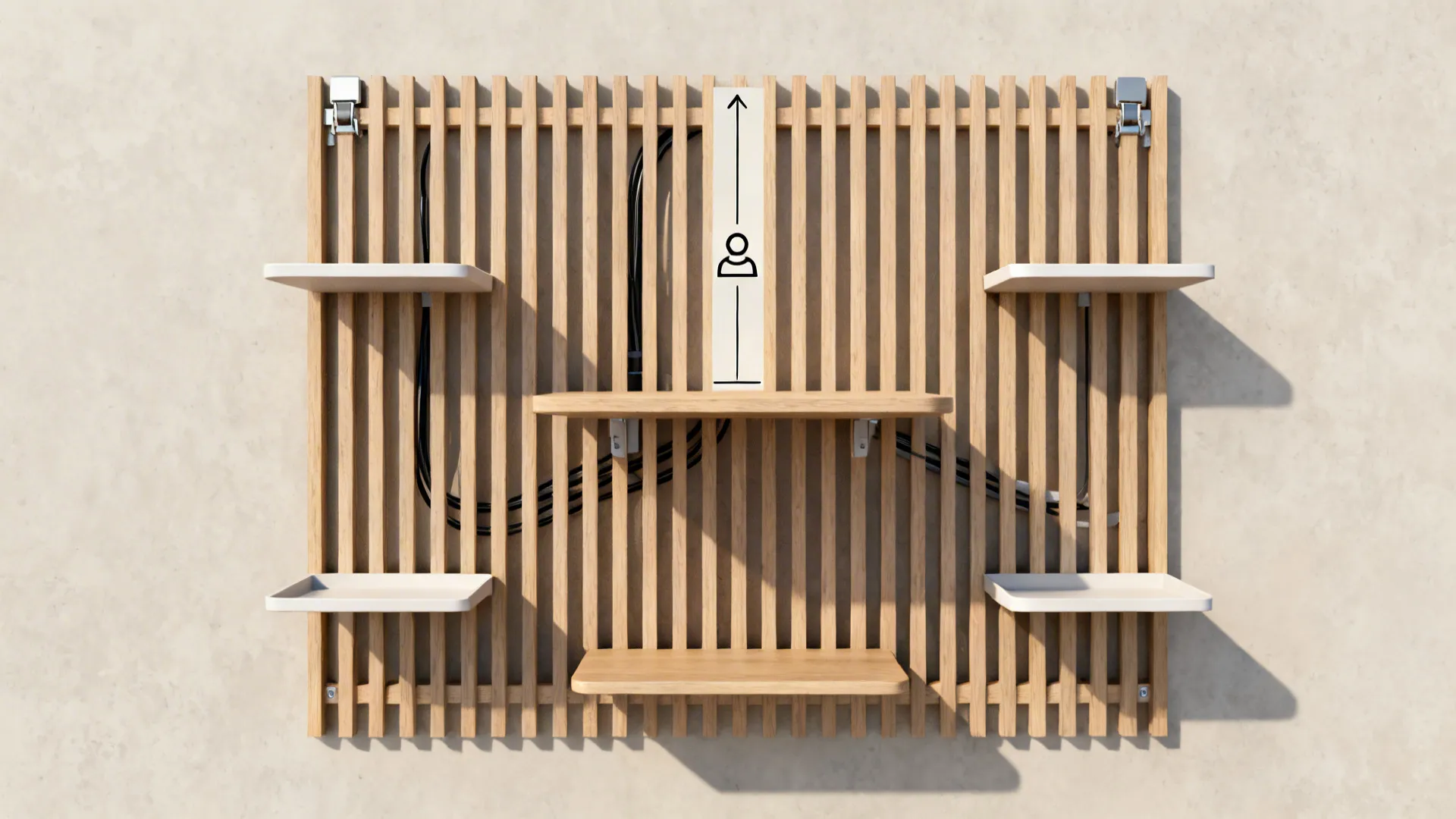 Top-down plan showing modular grid altar tray positions and cable routing behind slats.