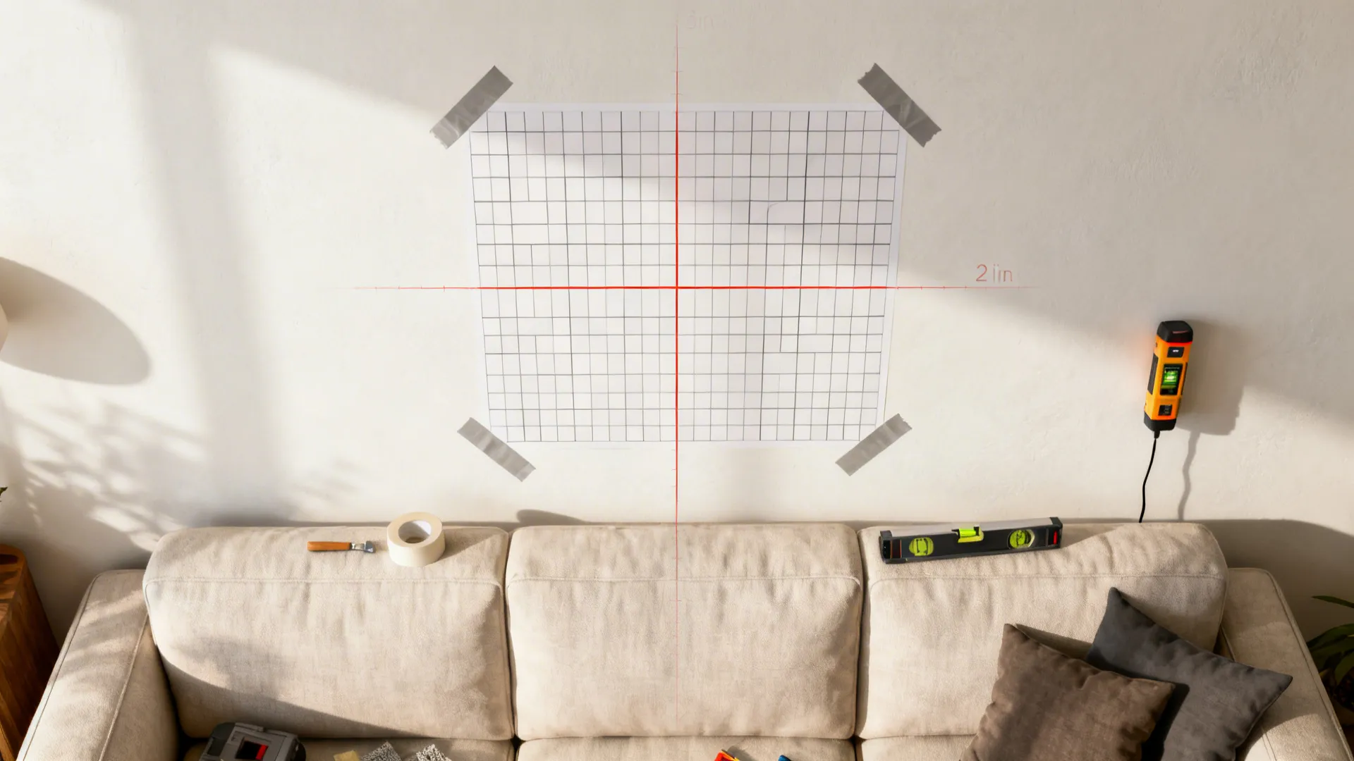 Top-down view of painter’s tape and laser level guiding a precise grid decal installation.
