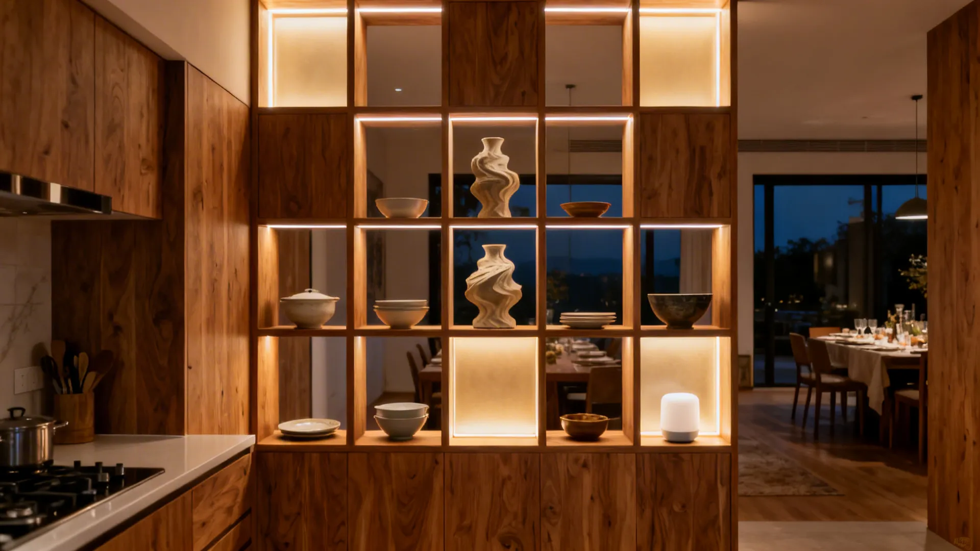 3) Tall See-Through Grid with Backlit Crockery Niches