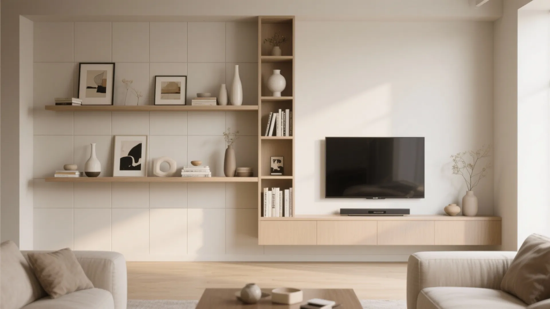 Grid-balanced shelf styling with visual rhythm