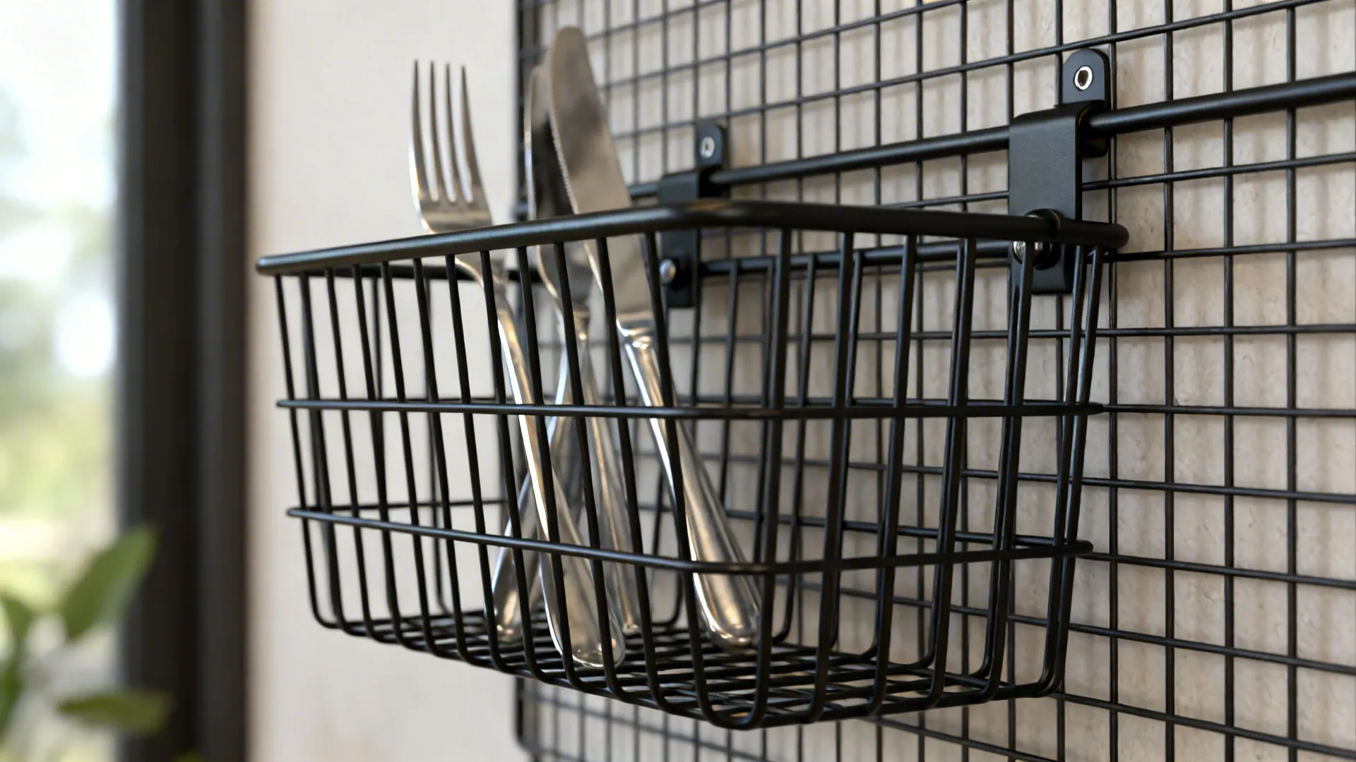 Close-up of a powder-coated basket attached to a kitchen wall grid.