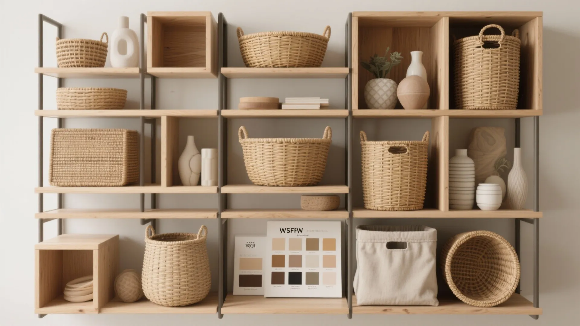 Light wood shelving unit filled with woven baskets white vases and a color palette board