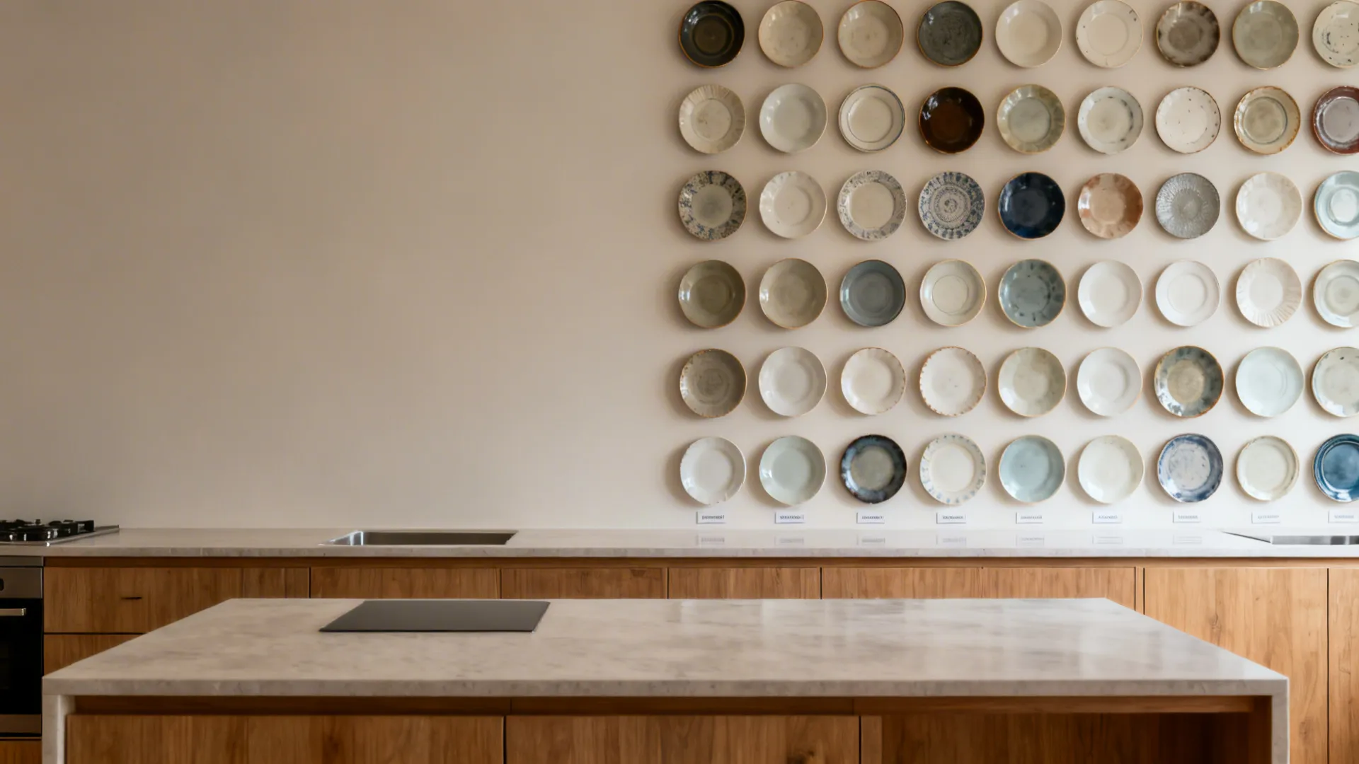 Before-and-after of a small kitchen wall transformed from blank to a precise plate grid.