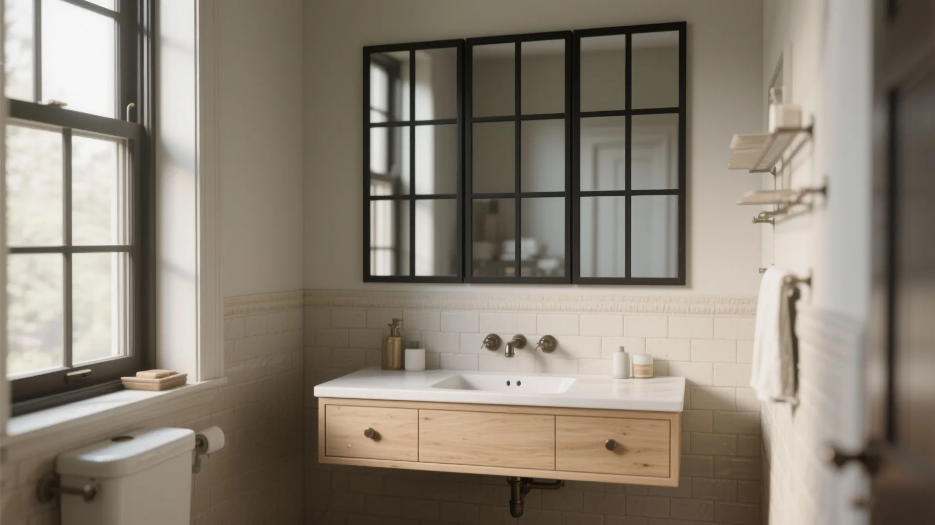 Modern bathroom with wooden cabinet sink white tiled wall black window frame mirror and toilet