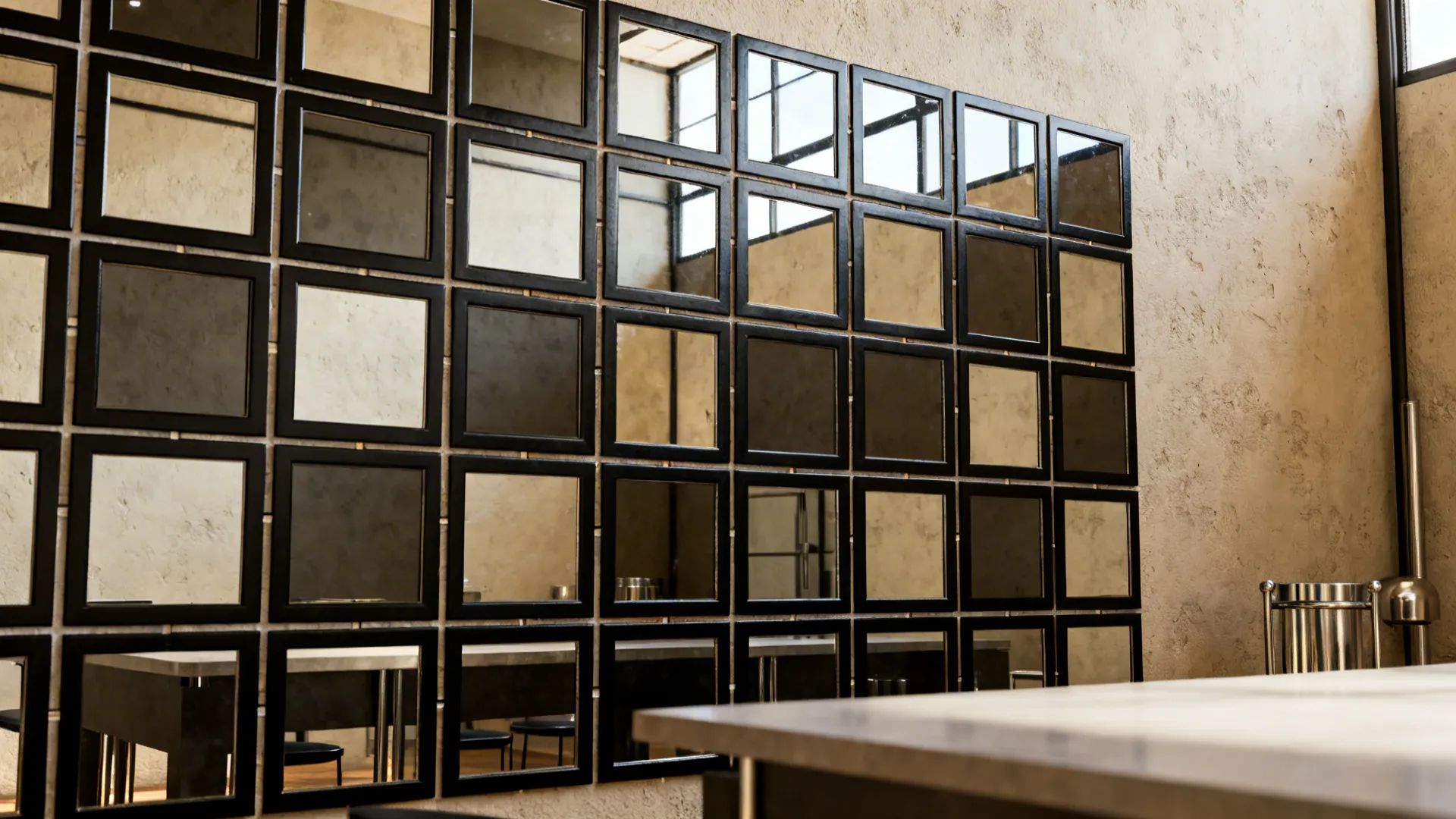 Grid of black-framed mirrors with mixed clear and smoked panels adding rhythm to an industrial living room wall