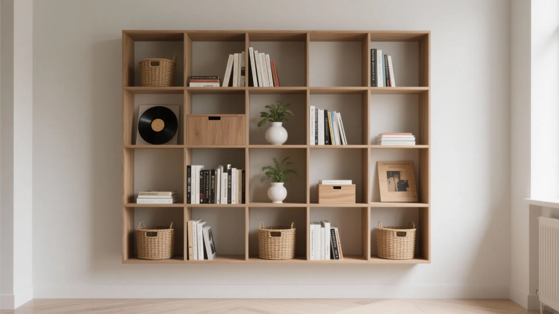 Square wooden wall bookshelf holding books small plants baskets and a music record on white
