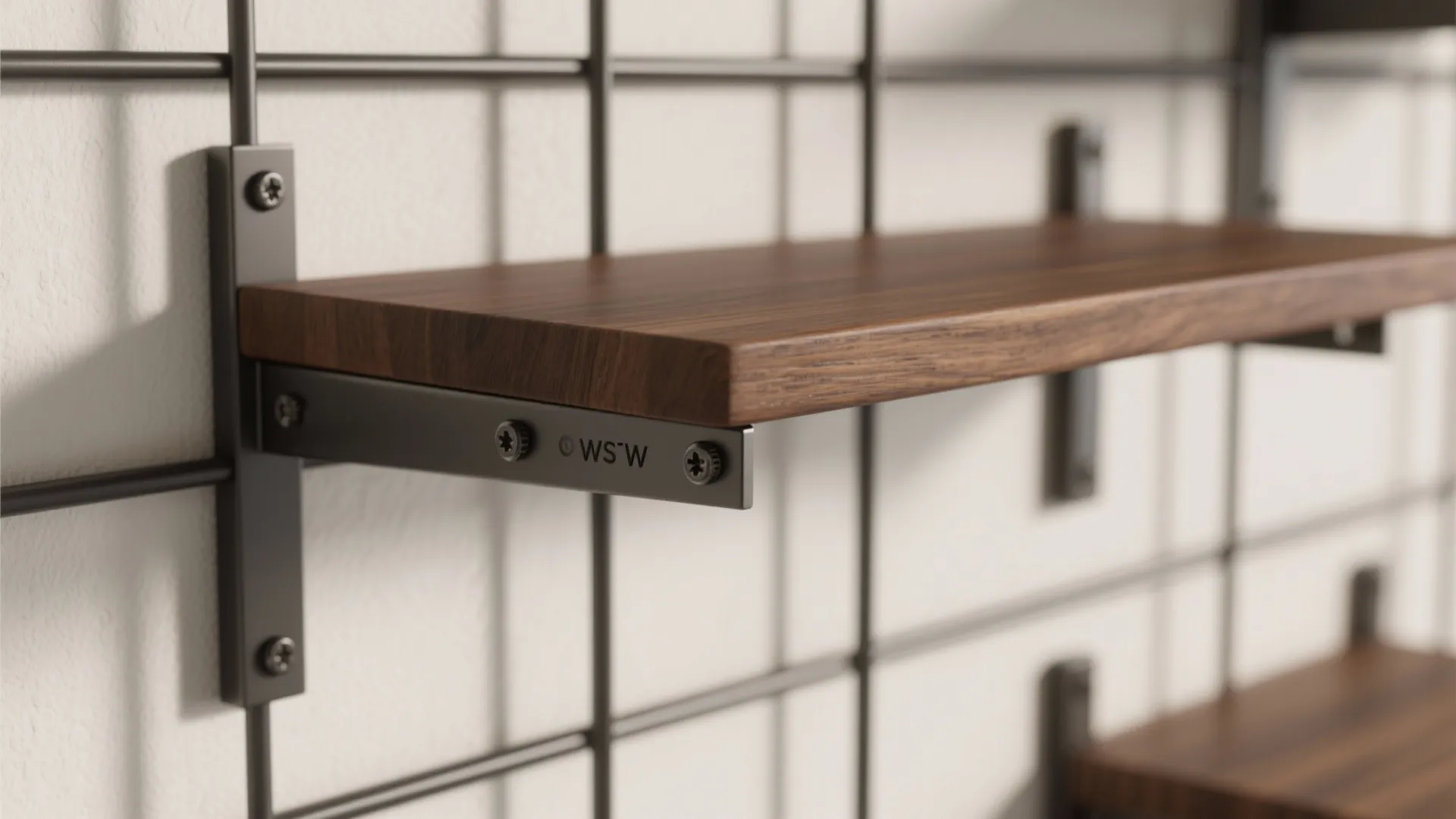 Close up of a wooden shelf with black metal wall brackets mounted on wire grid