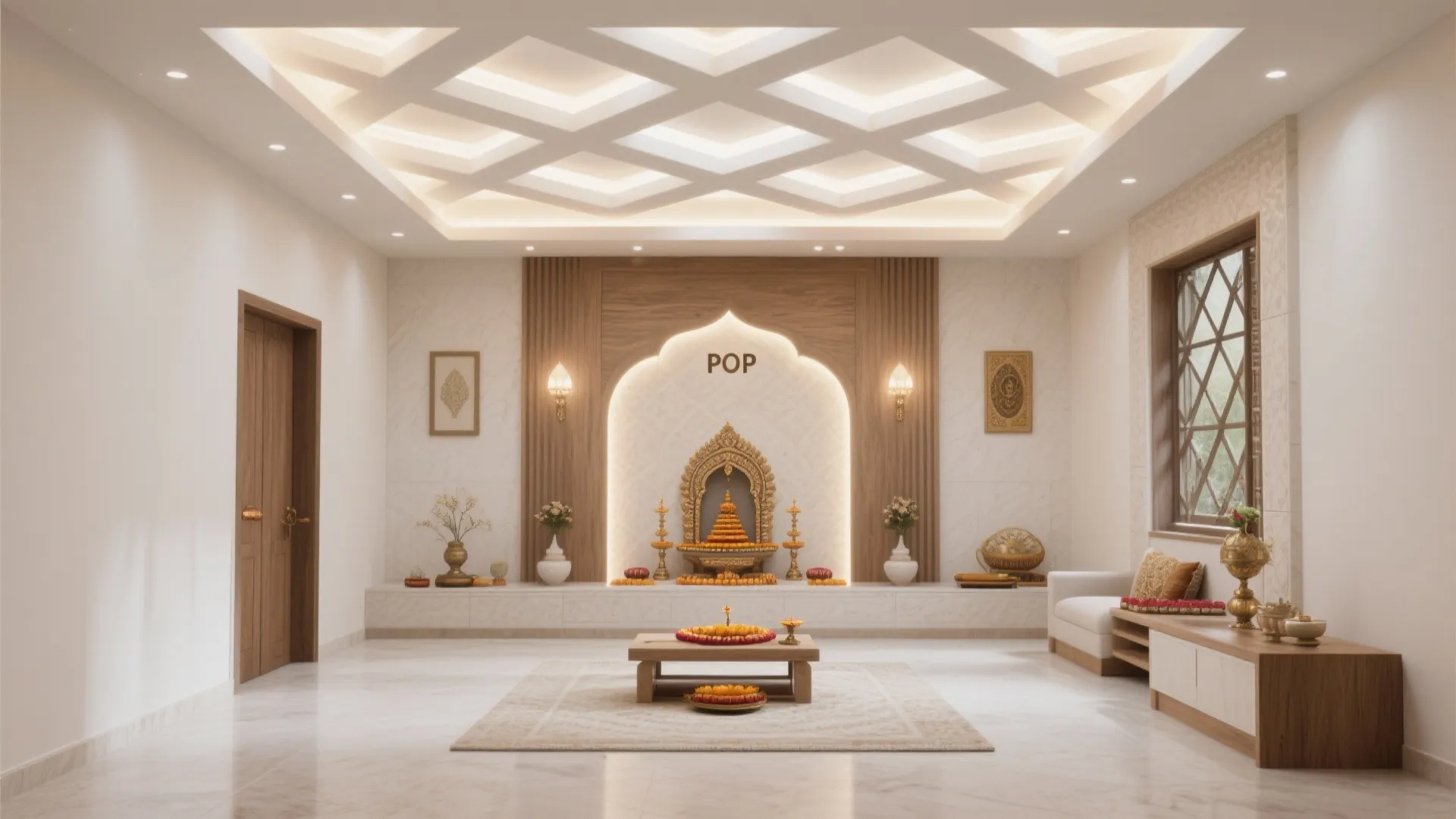 Geometric Grid Ceiling with Recess Lights