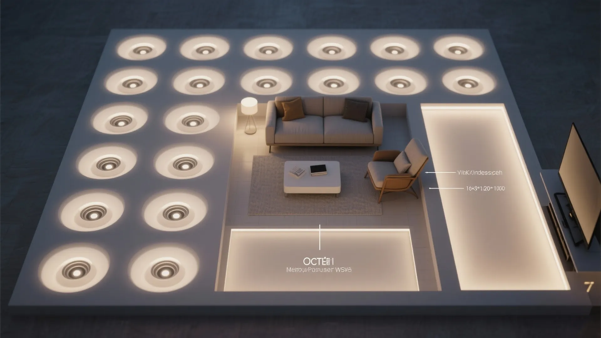 Diagram showing various interior lighting zones with sofa, coffee table, and multiple ceiling light fixtures