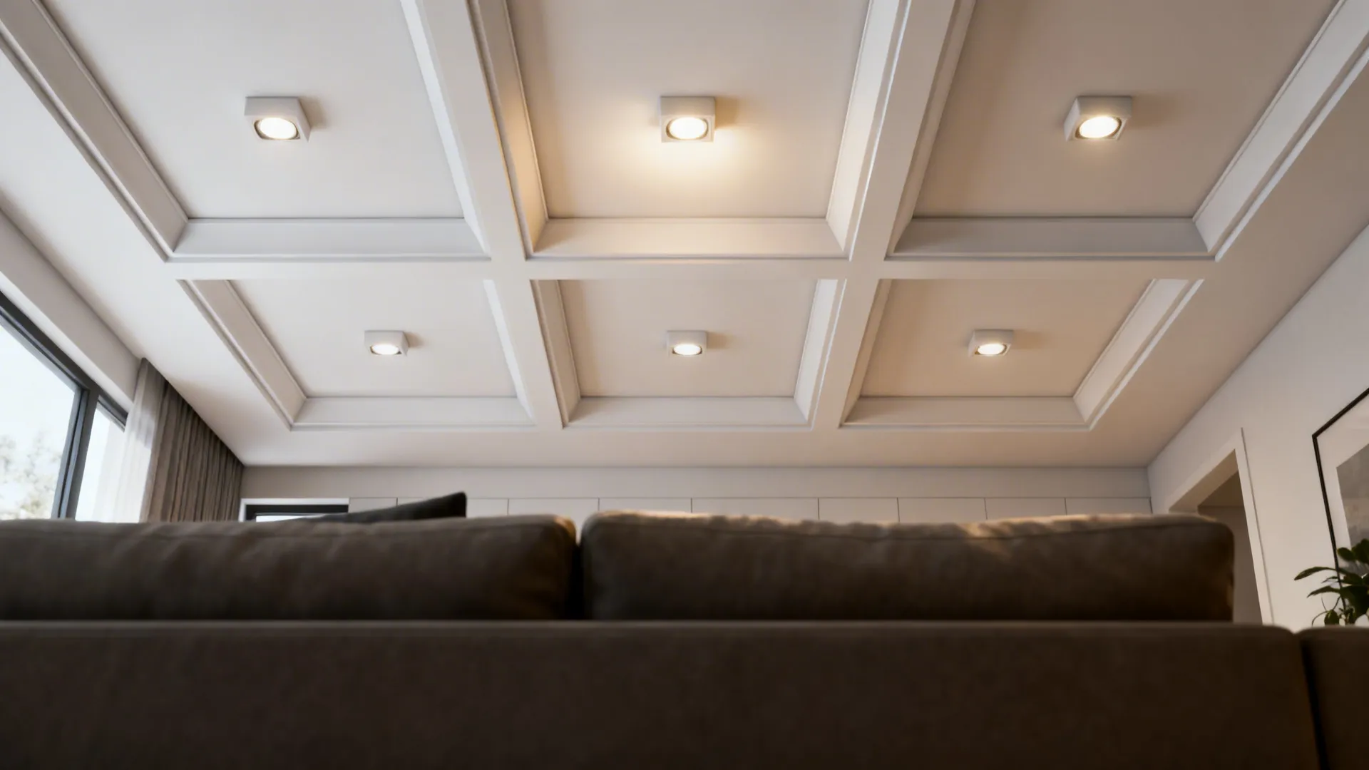 Small living room ceiling with a 3-by-2 recessed lighting grid and a brighter center row for dimming zones.