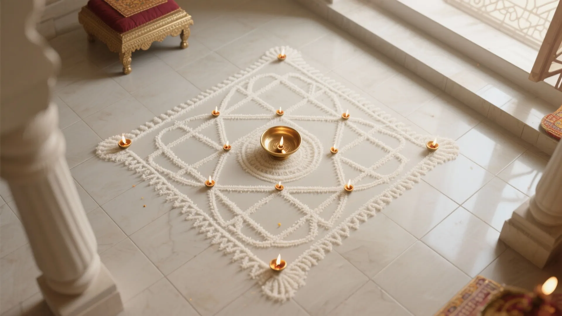 White sand pattern on floor tiles with small oil candles and a gold bowl in center