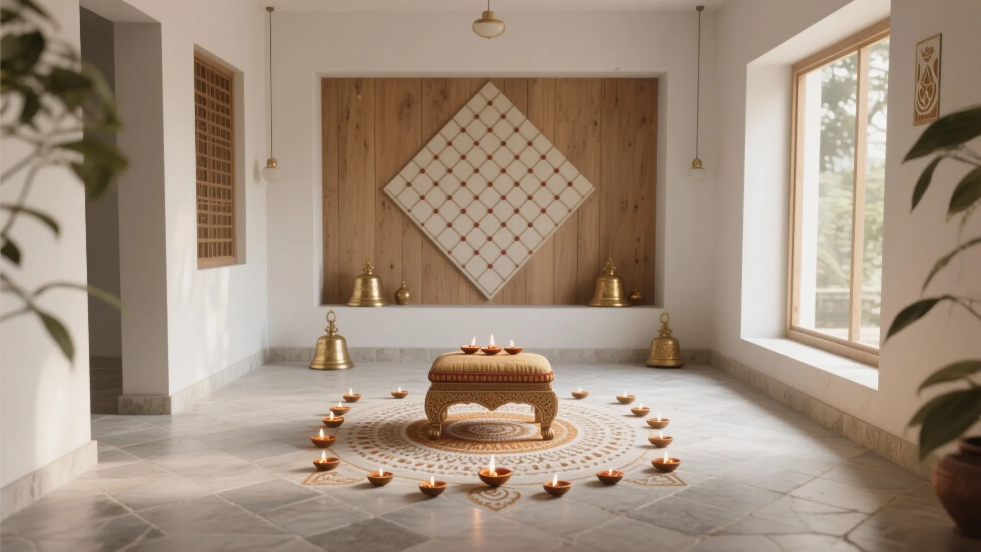 Traditional room with candles in a circle around a footrest and wooden wall panel design