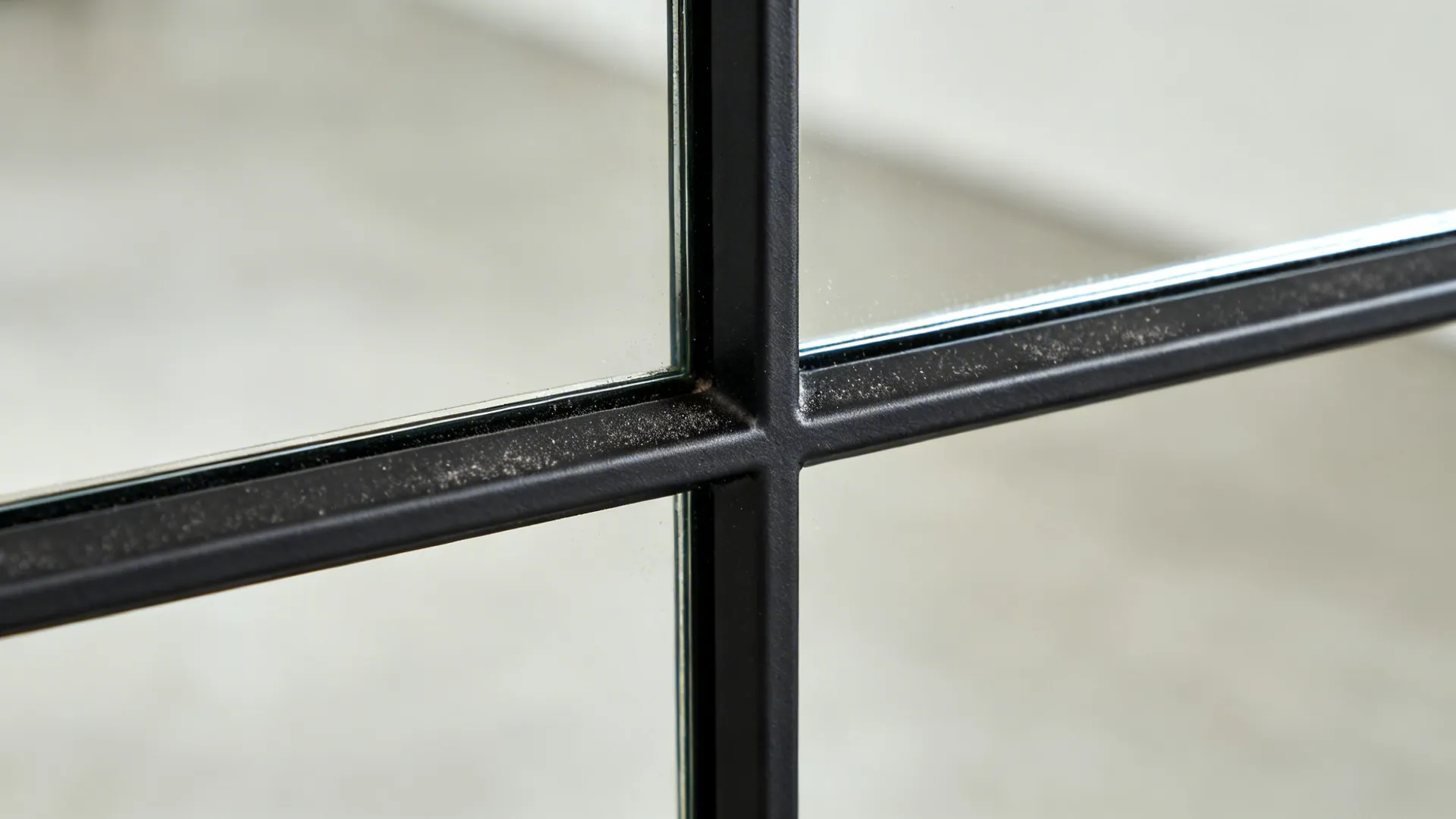 Close-up of black powder-coated grid mirror frame showing crisp mullion intersections.