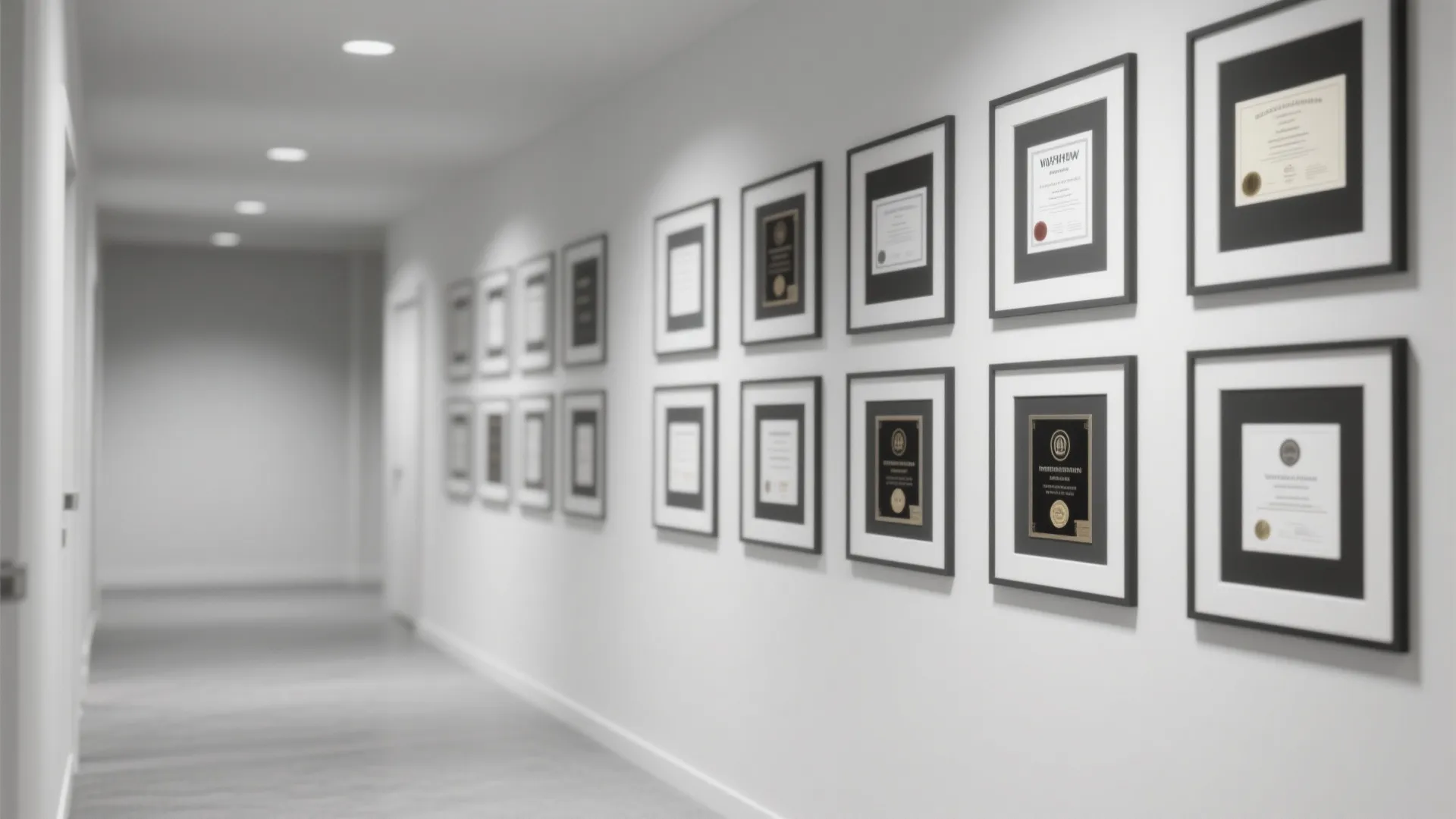 White hallway wall decorated with many black framed pictures and certificates in a clean grid