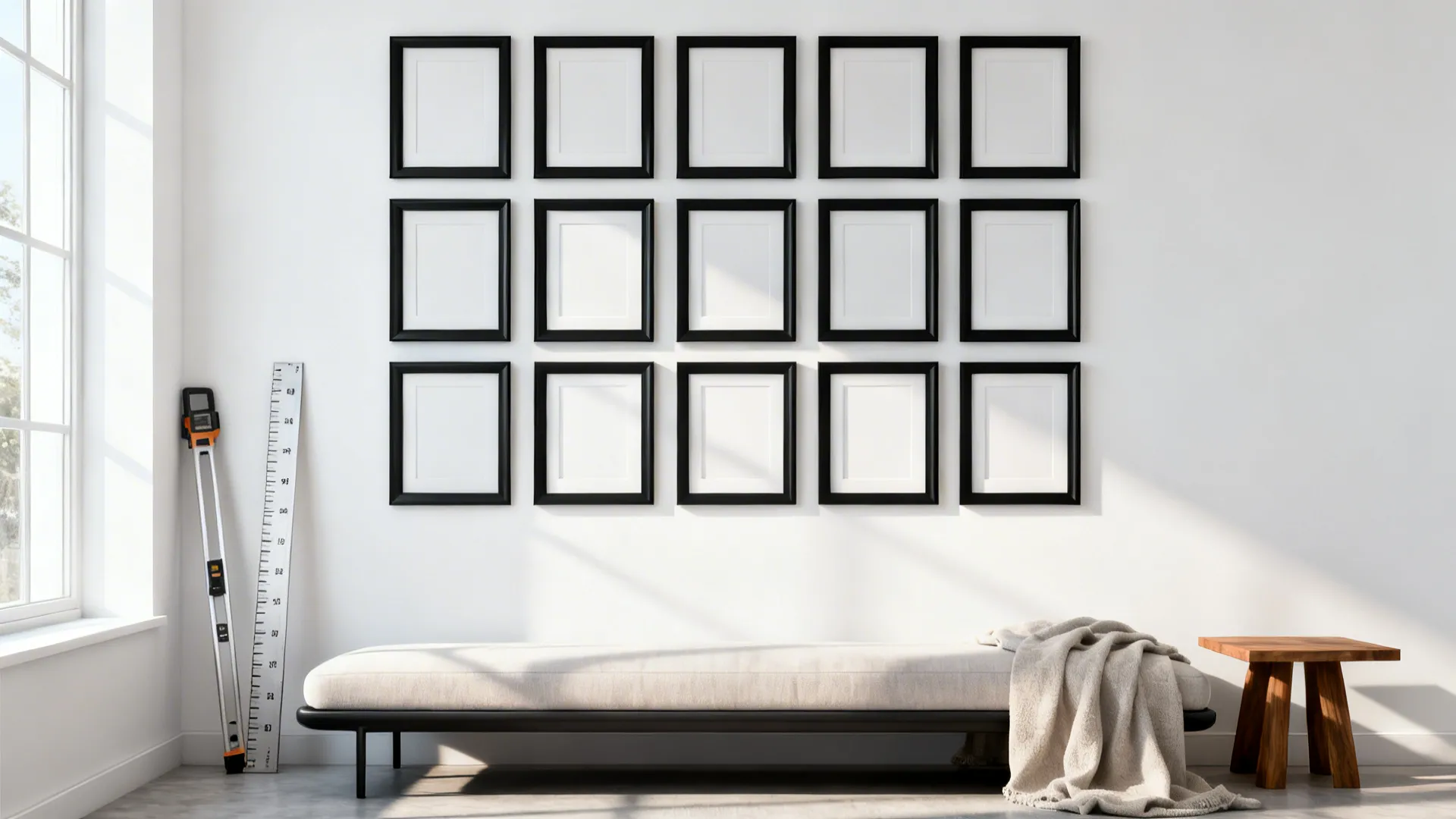 Neat grid of identical frames above a slim sofa in a compact living room, showing clean alignment.