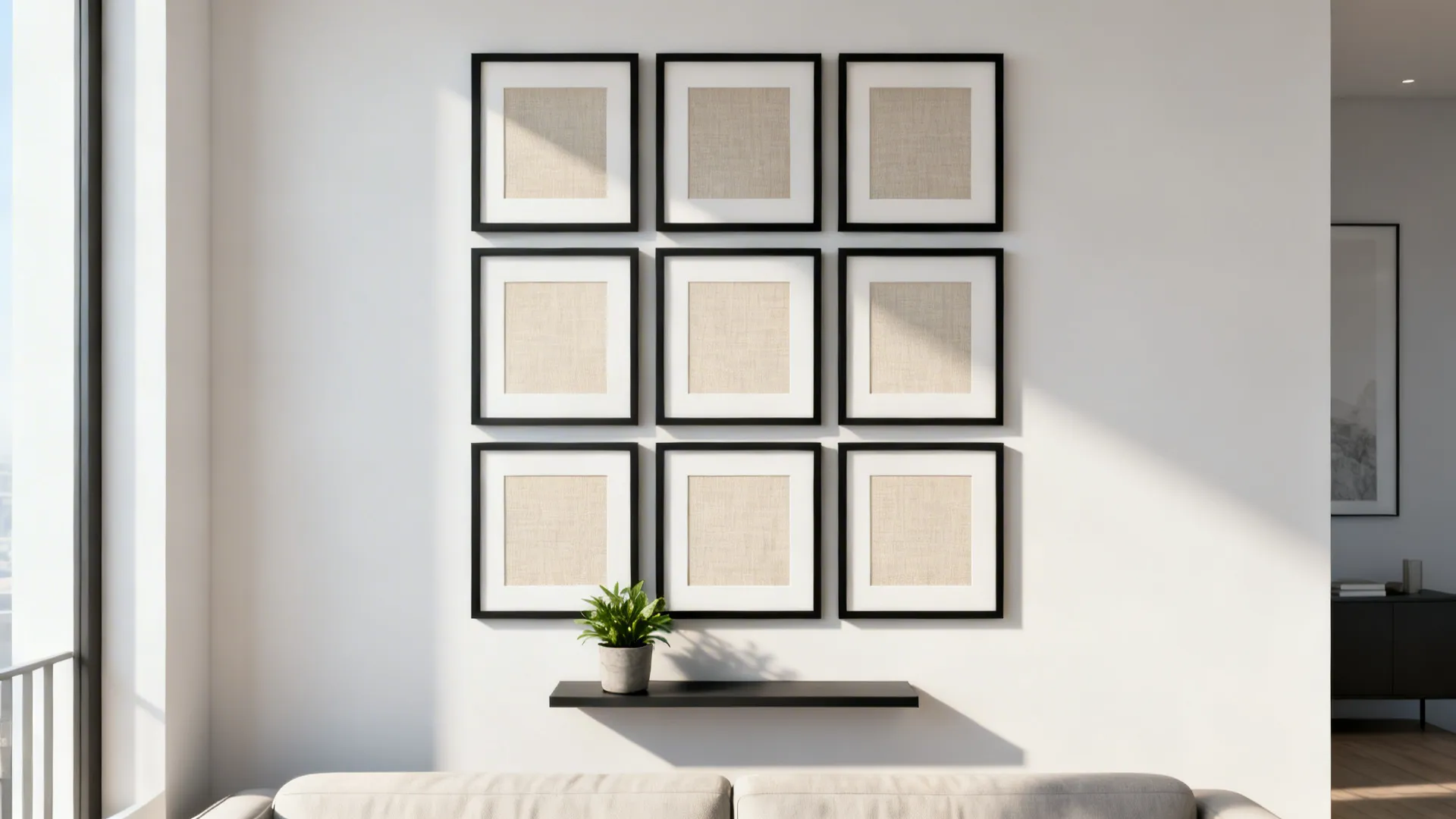 Small wall with a tidy 3x3 grid of identical frames and a shelf plant