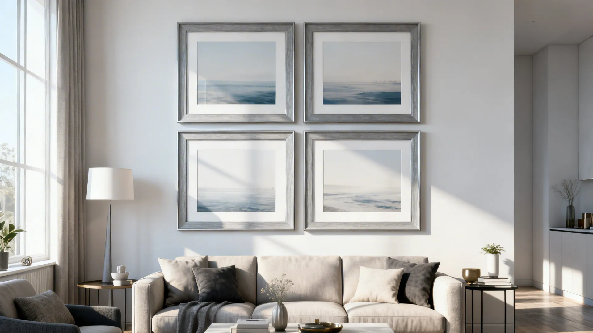 Neat 2x2 grid of matching large frames above a sofa creating a curated modern look.