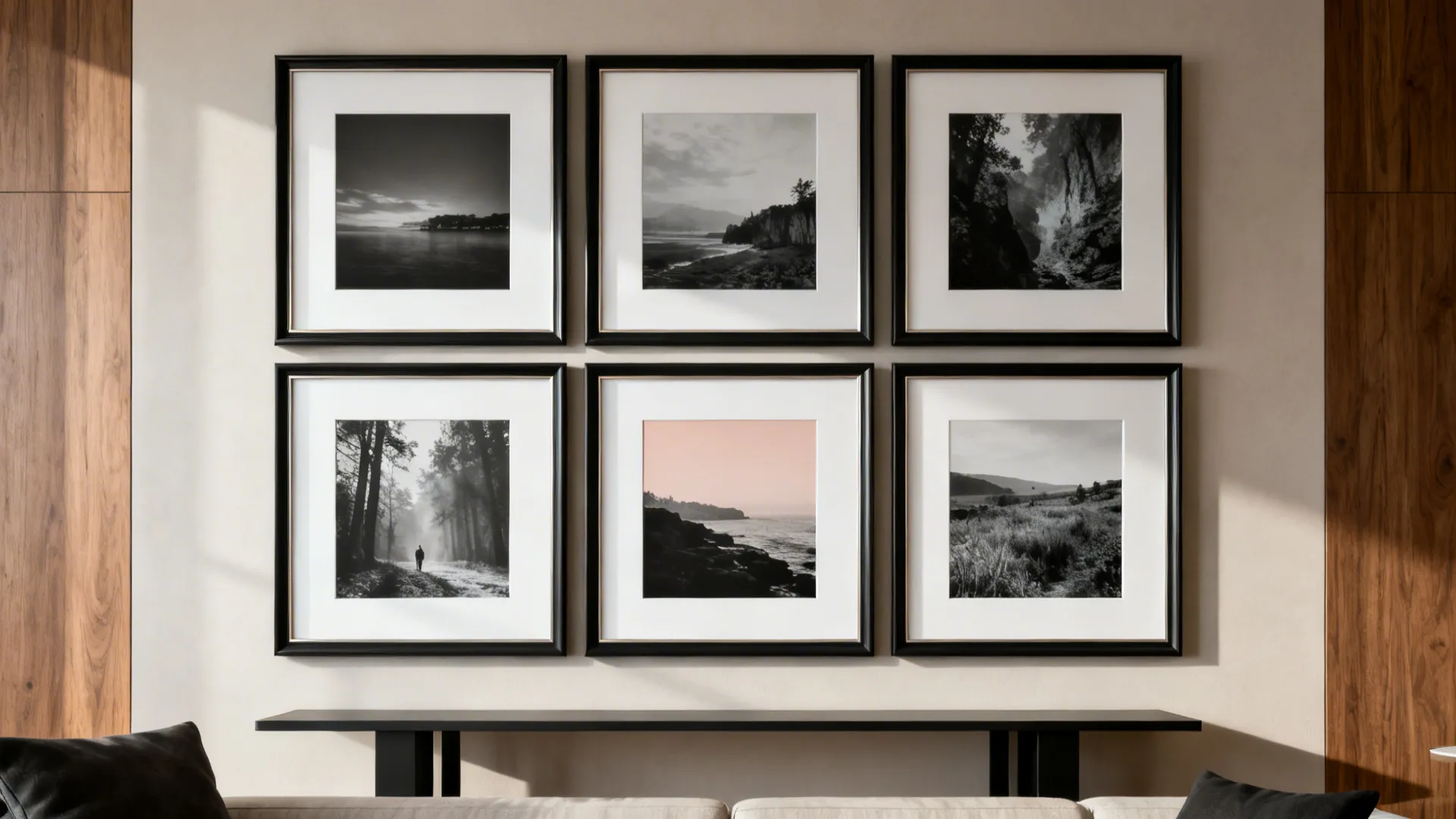 3x3 grid gallery with large frames and uniform mats for a tidy focal wall.