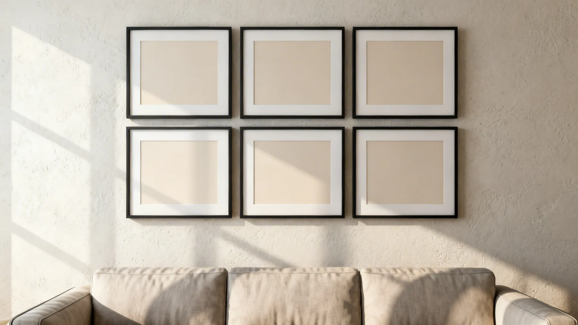 Tight 3x3 grid of identical frames above a sofa creating calm and order.