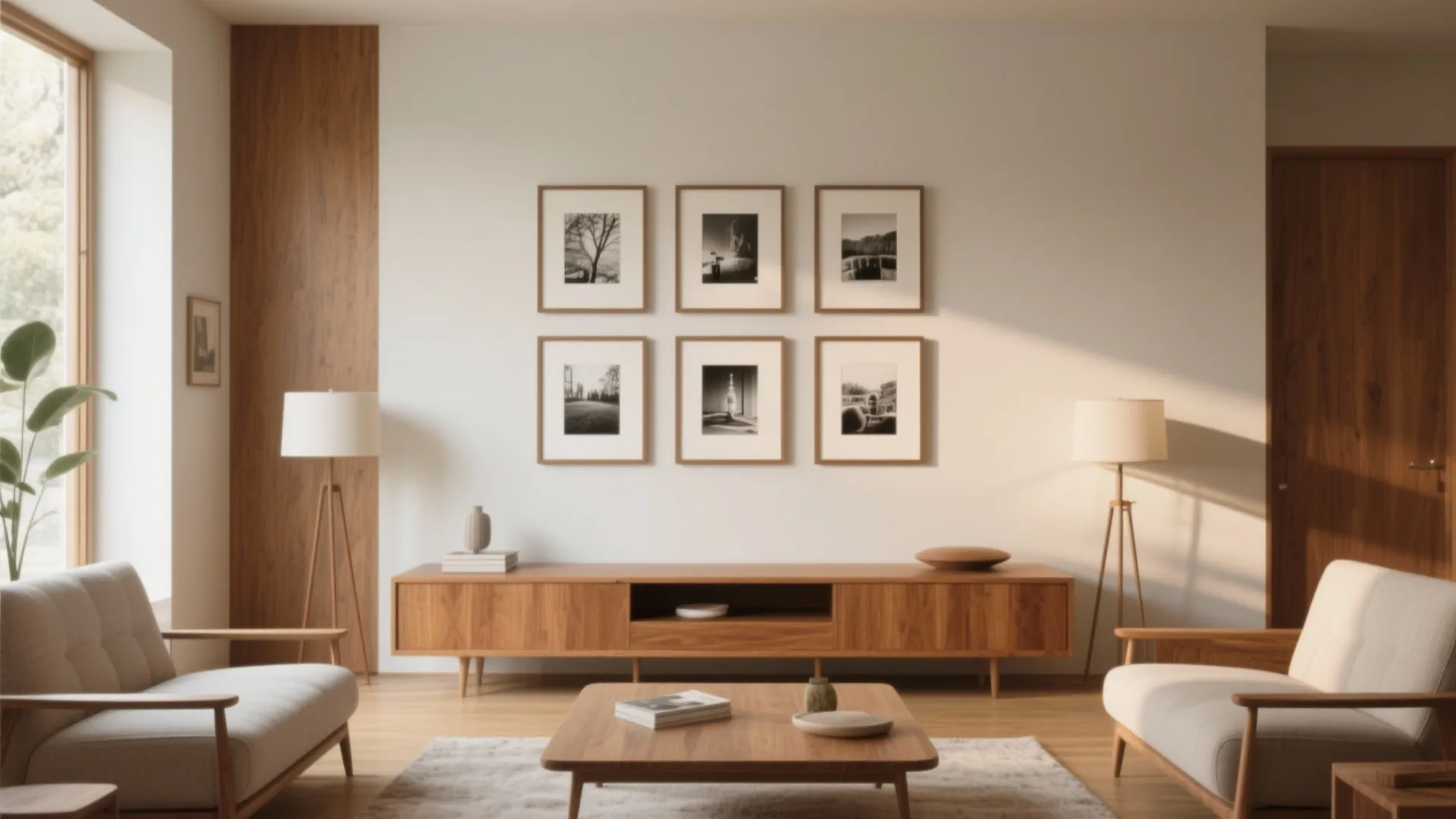 Mid-century modern living room with 3x3 grid photo frame arrangement