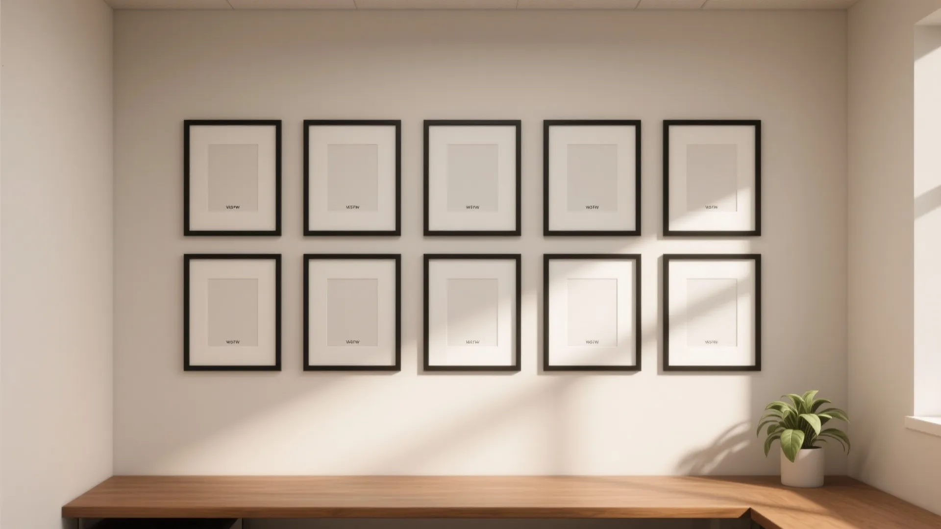 Ten black picture frames arranged in two rows on a white wall above wooden desk