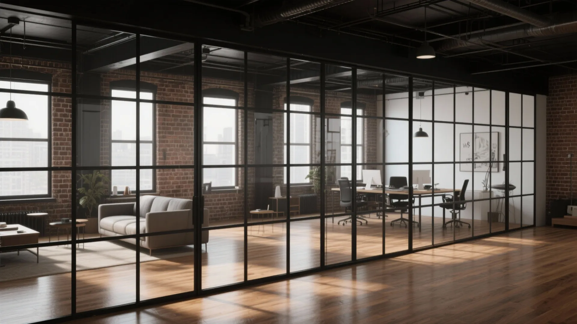 Industrial office space with black grid glass wall separating sofa area from desks and bricks