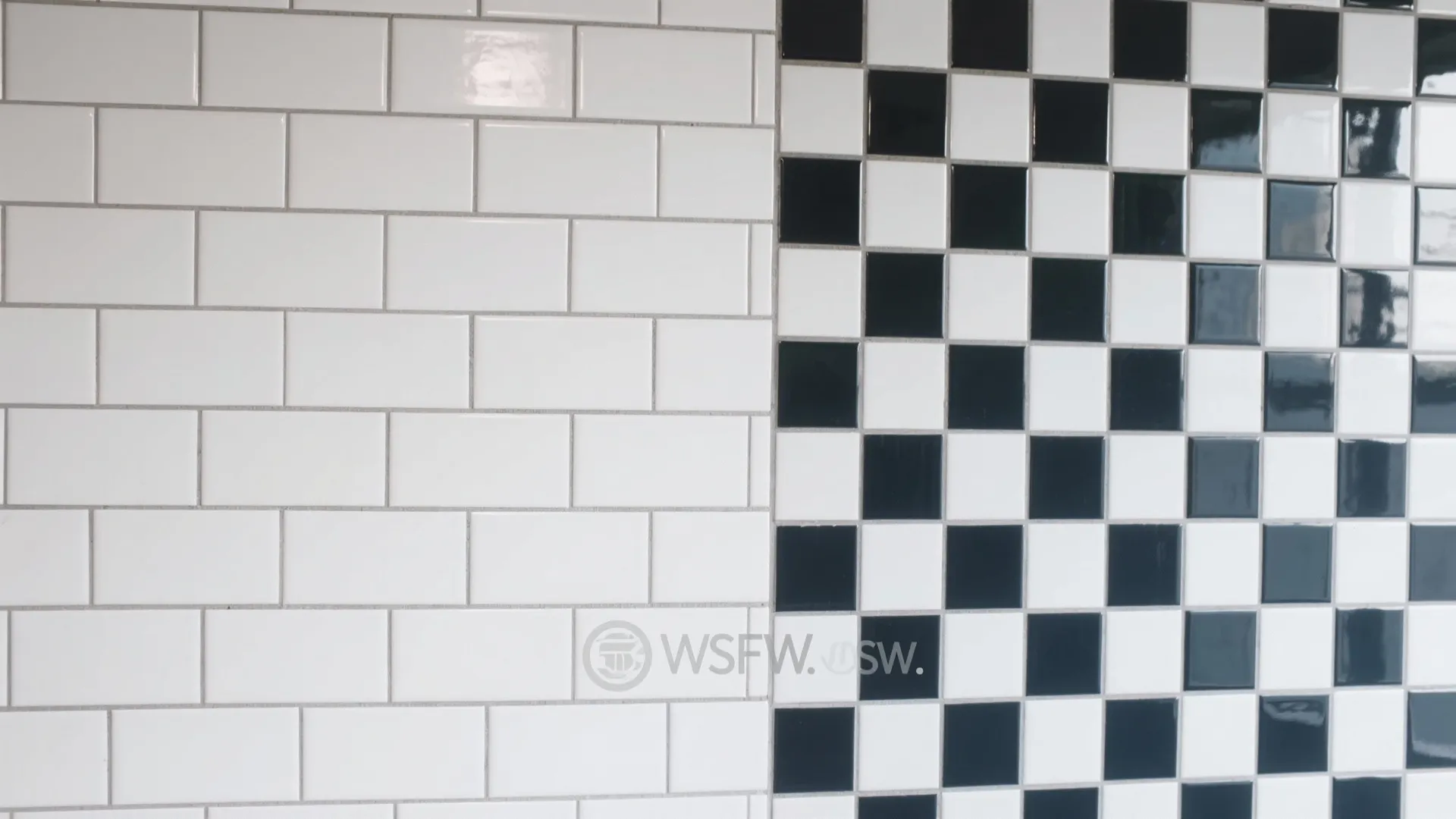 Split view showing white subway tiles with charcoal grout versus color-matched grout, highlighting graphic contrast.