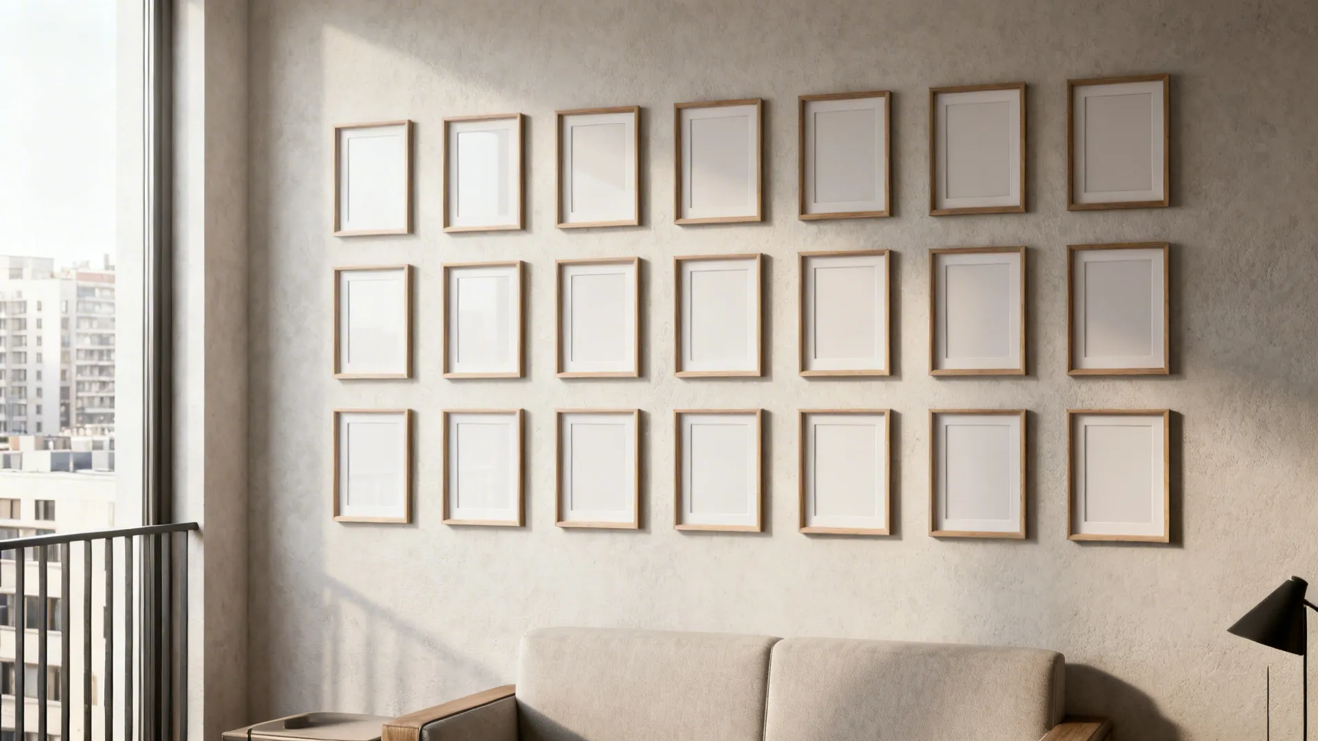 Neat grid of identical small frames on an apartment wall creating an architectural rhythm.