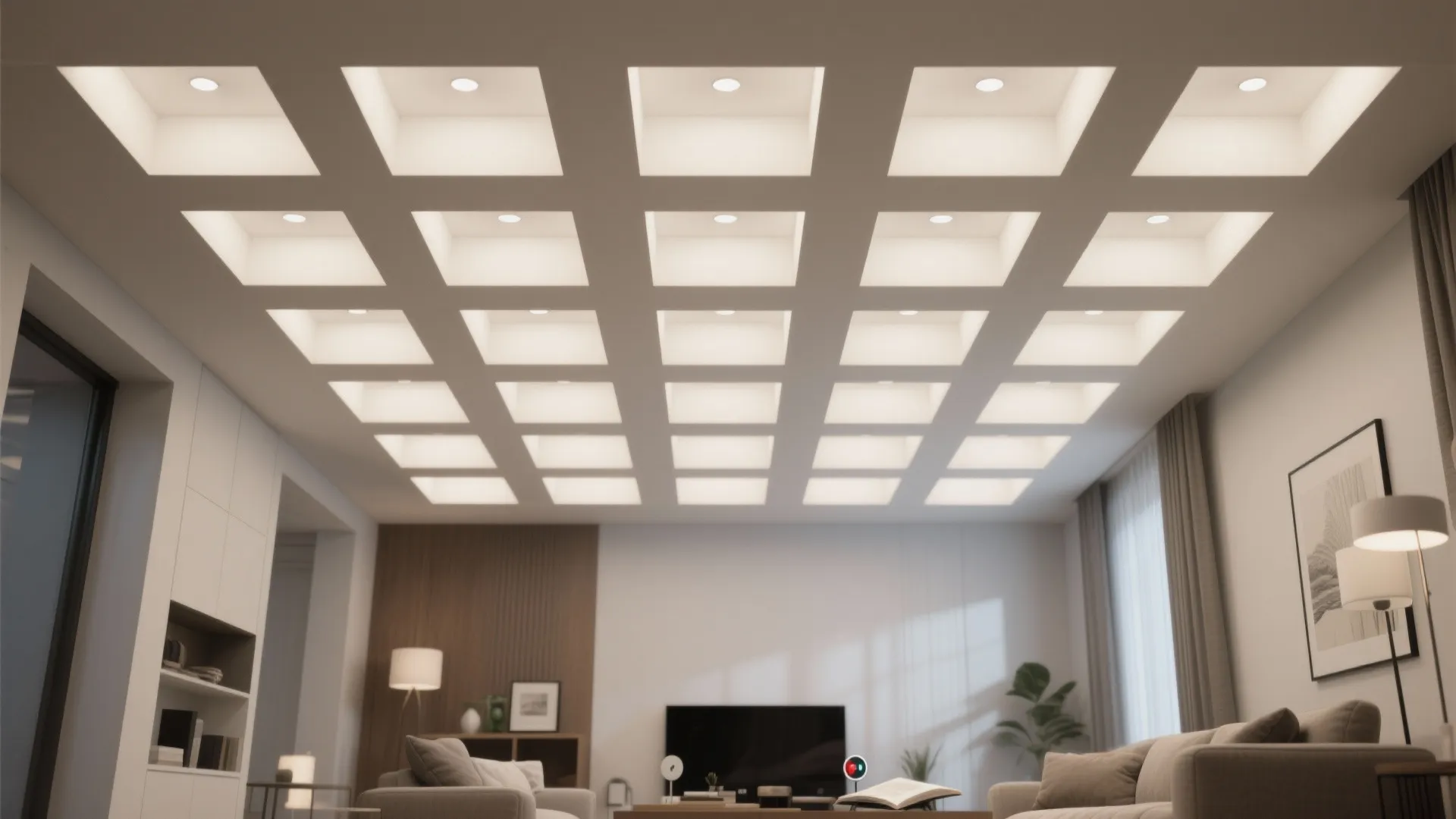 Modern living room featuring a white grid ceiling design with many small square light fixtures
