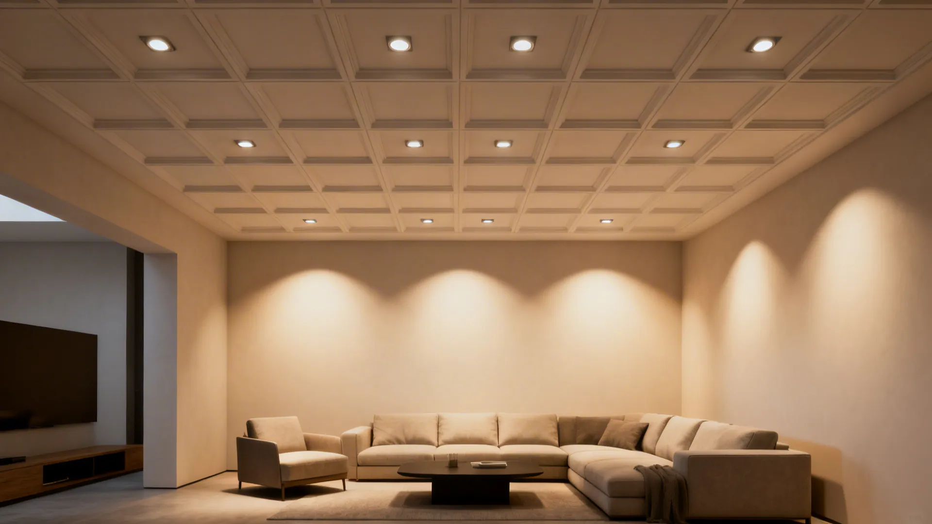 Living room ceiling showing evenly spaced recessed lights in a grid providing uniform ambient light.