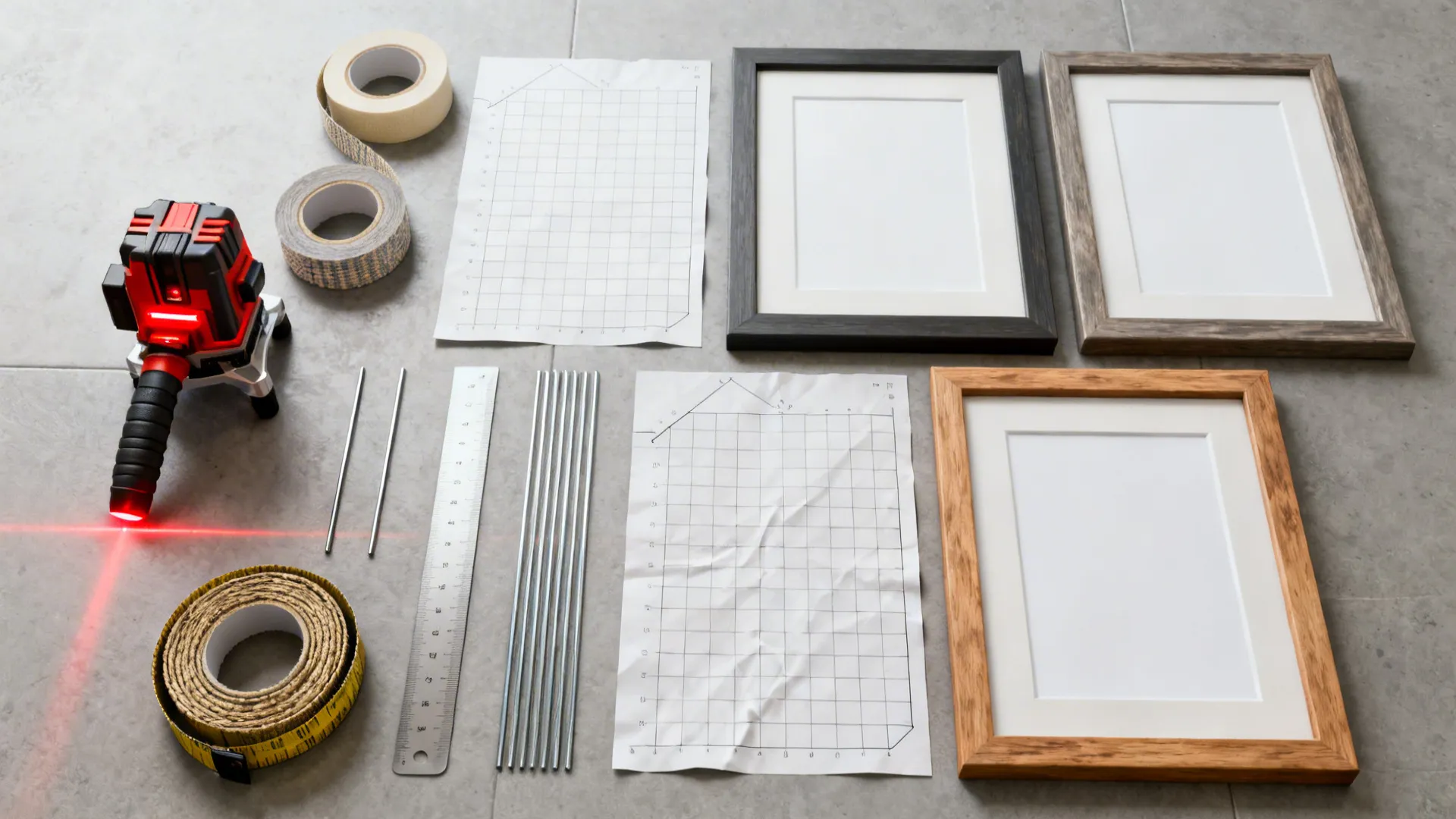 Top-down layout tools with templates and frames for a 3x3 grid gallery.