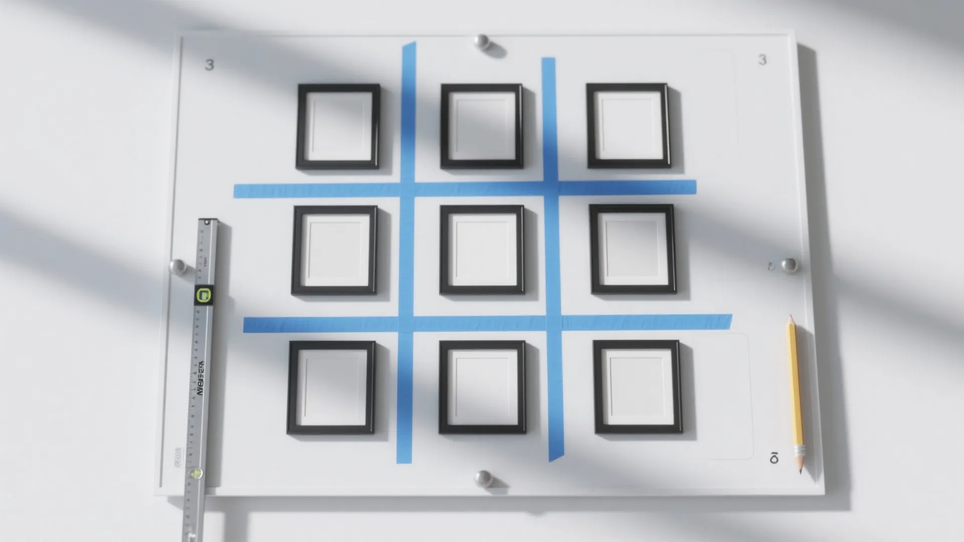 Gallery wall layout planning with small black picture frames blue tape ruler and yellow pencil