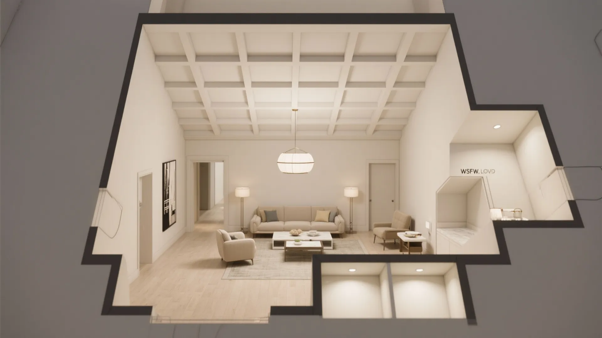 Interior design drawing showing a living room with grid ceiling beige sofa and floor lamps