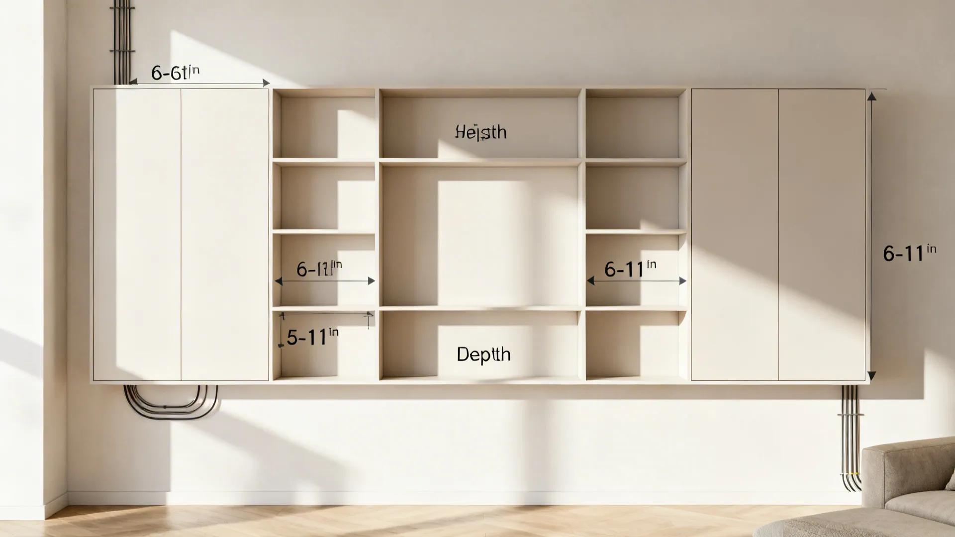 Top-down view illustrating shallow floating cabinet grid spacing and depth on a living room wall.
