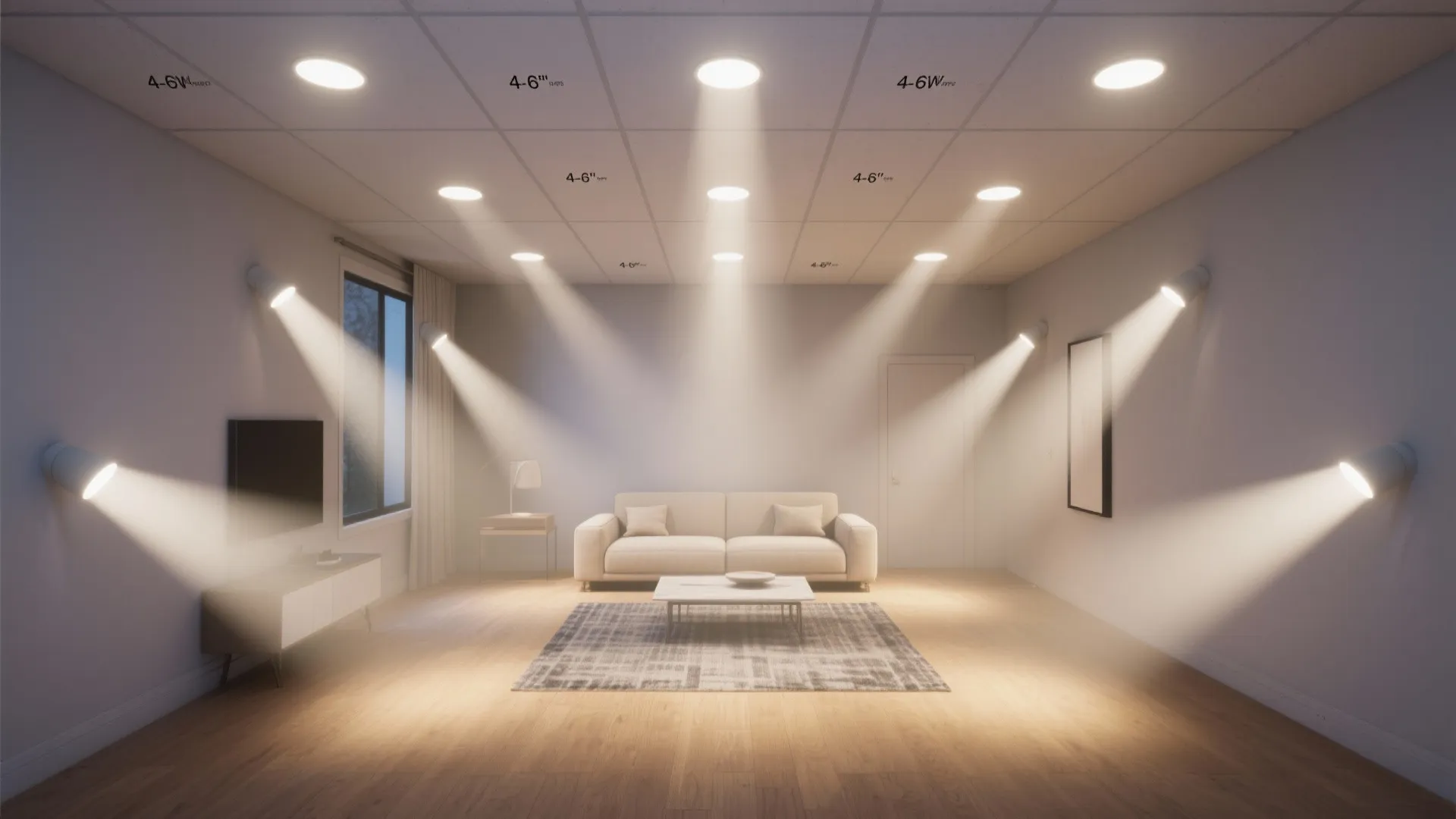 Modern living room featuring white sofa with many bright ceiling lights and warm wall beams