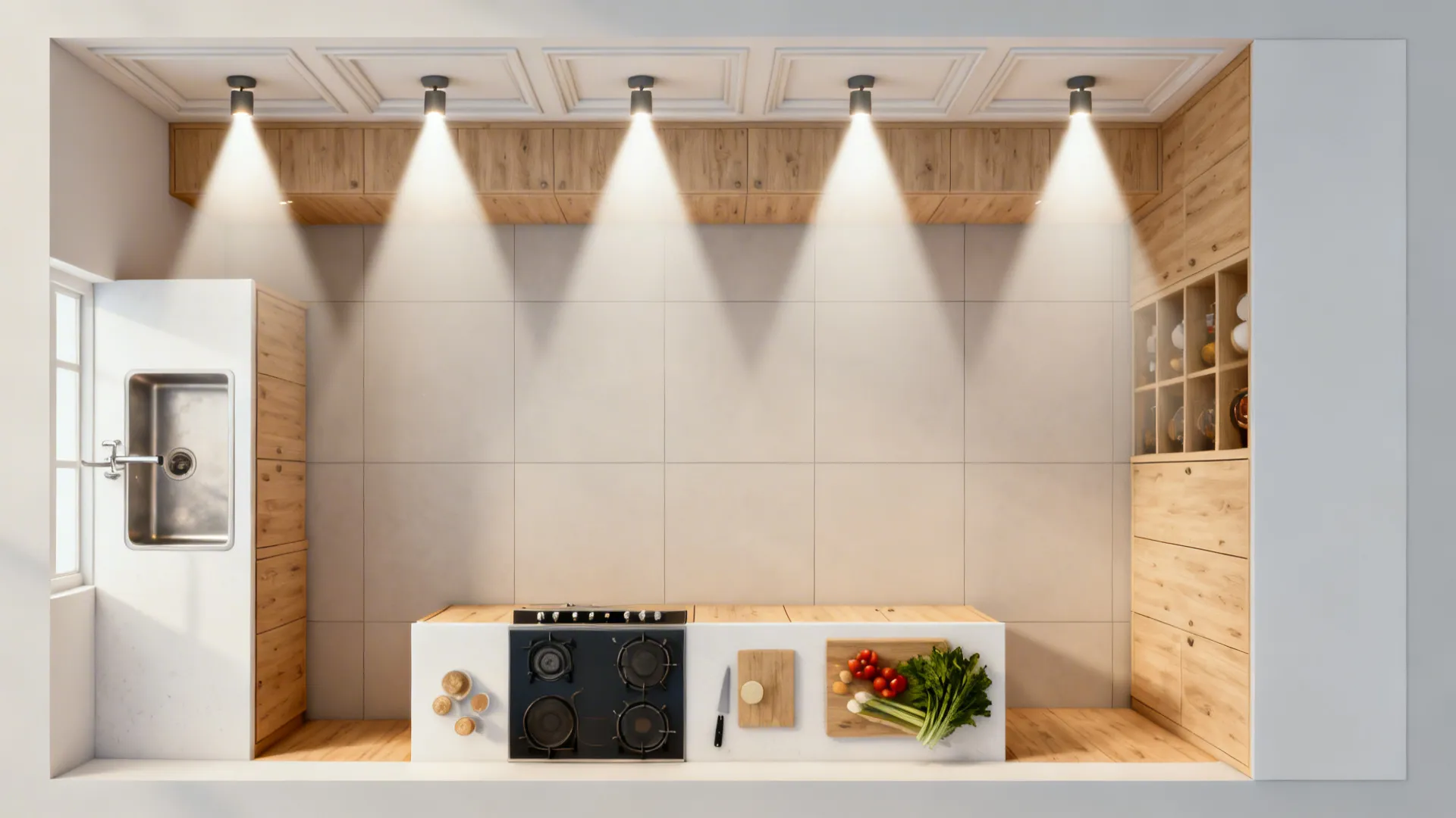Top-down visualization of coffered grid with micro-downlight beam cones over key kitchen tasks.