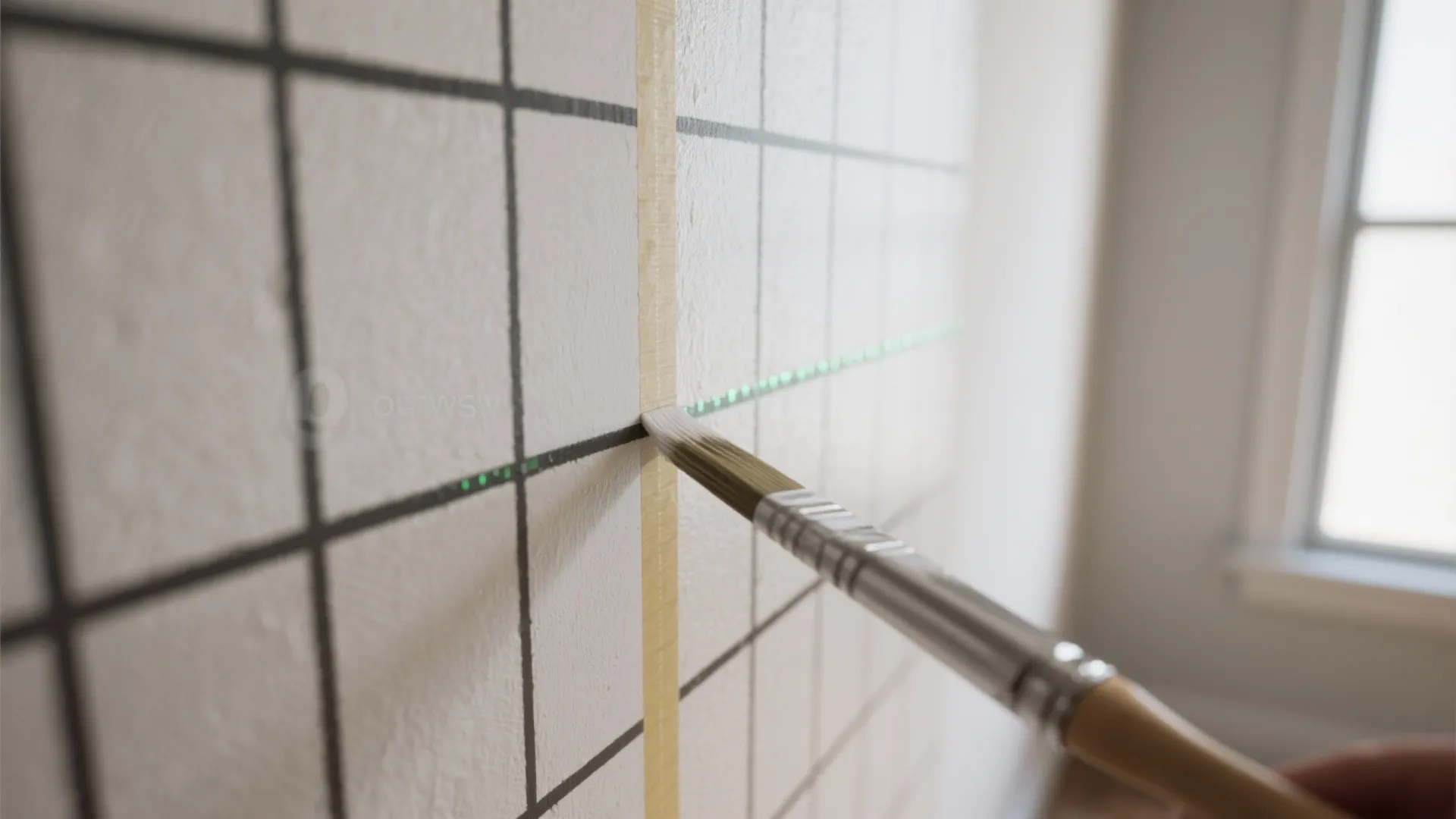 Close up of person using paint brush on white wall with black grid pattern and tape