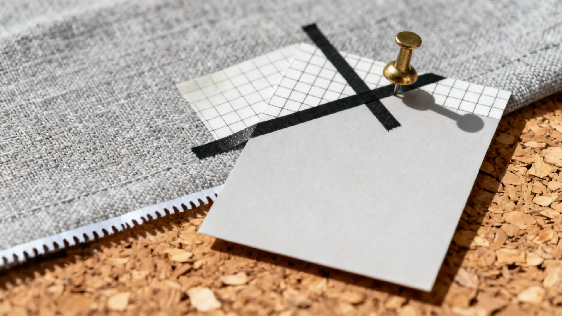 Close-up of cork board with grey fabric and paper pinned by a gold push pin