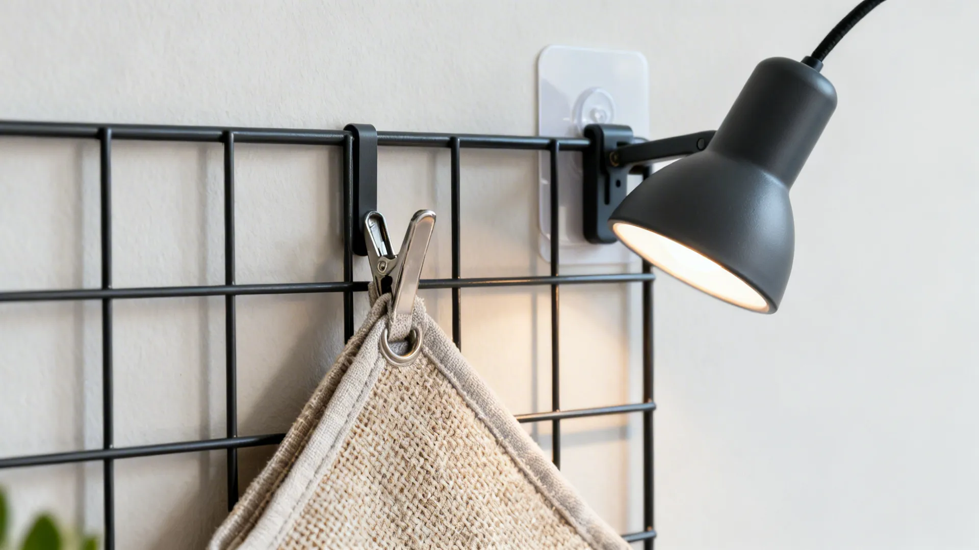 Close-up of wall grid with fabric pouch and clip lamp attached using adhesive hooks.